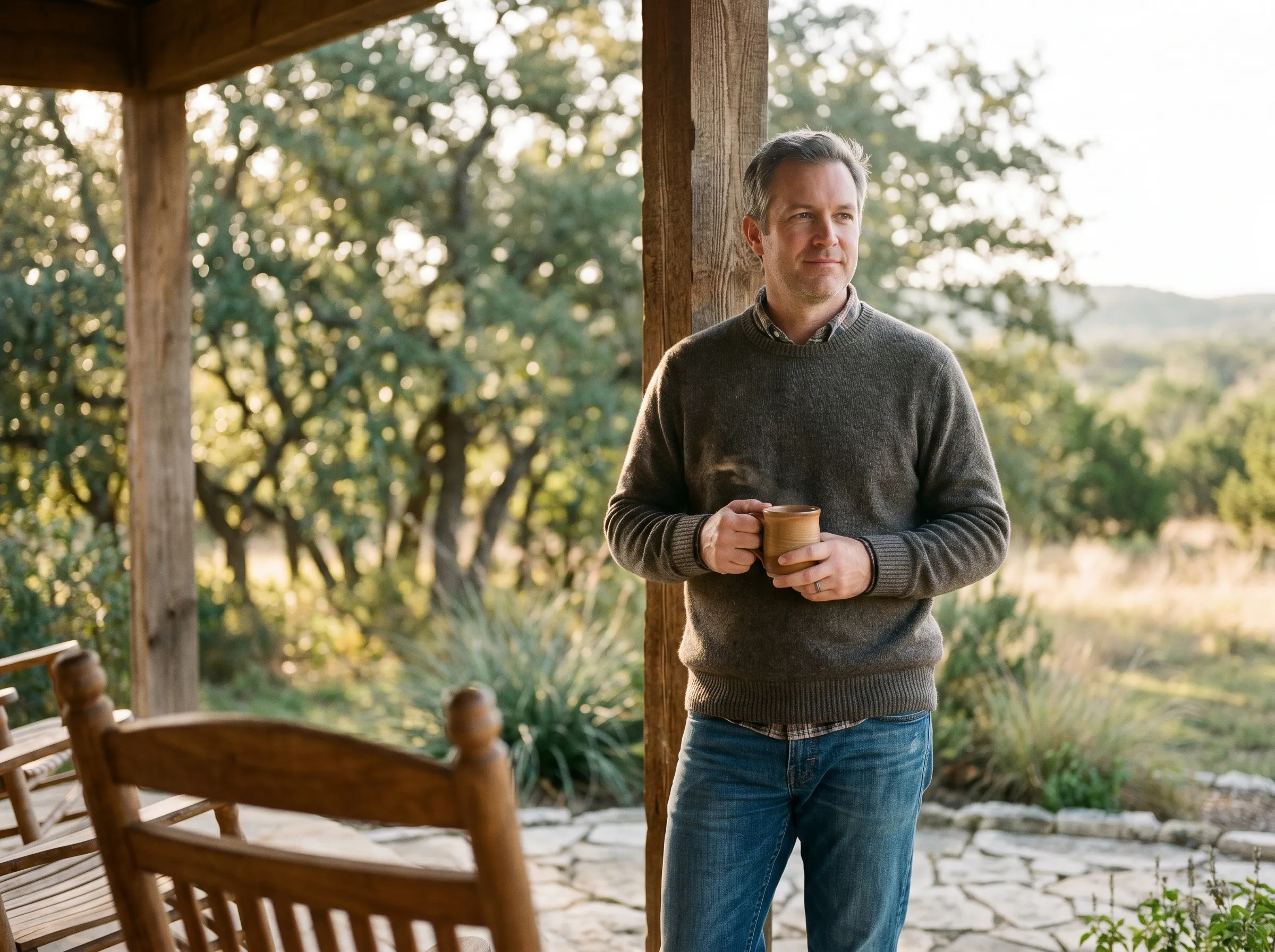A man in his early 40s on a covered limestone porch at golden hour, holding a stoneware mug at chest height, live oaks beyond.