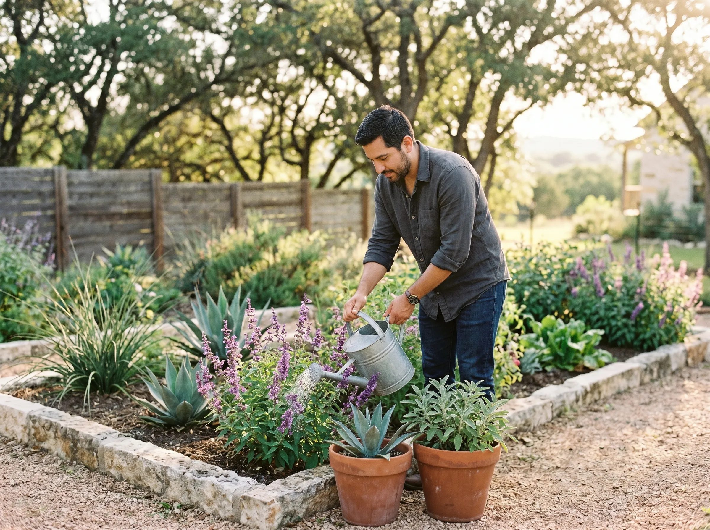 A man in his 30s watering native salvia in a terracotta-rimmed garden, agave and limestone visible beyond, late golden light.