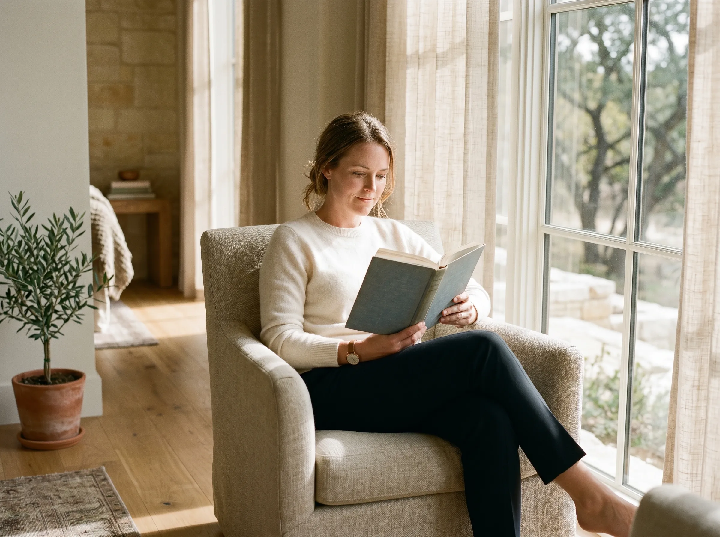 A woman in her 30s reading by a tall paned window in a sunlit Hill Country living room, sheer linen filtering late morning light.