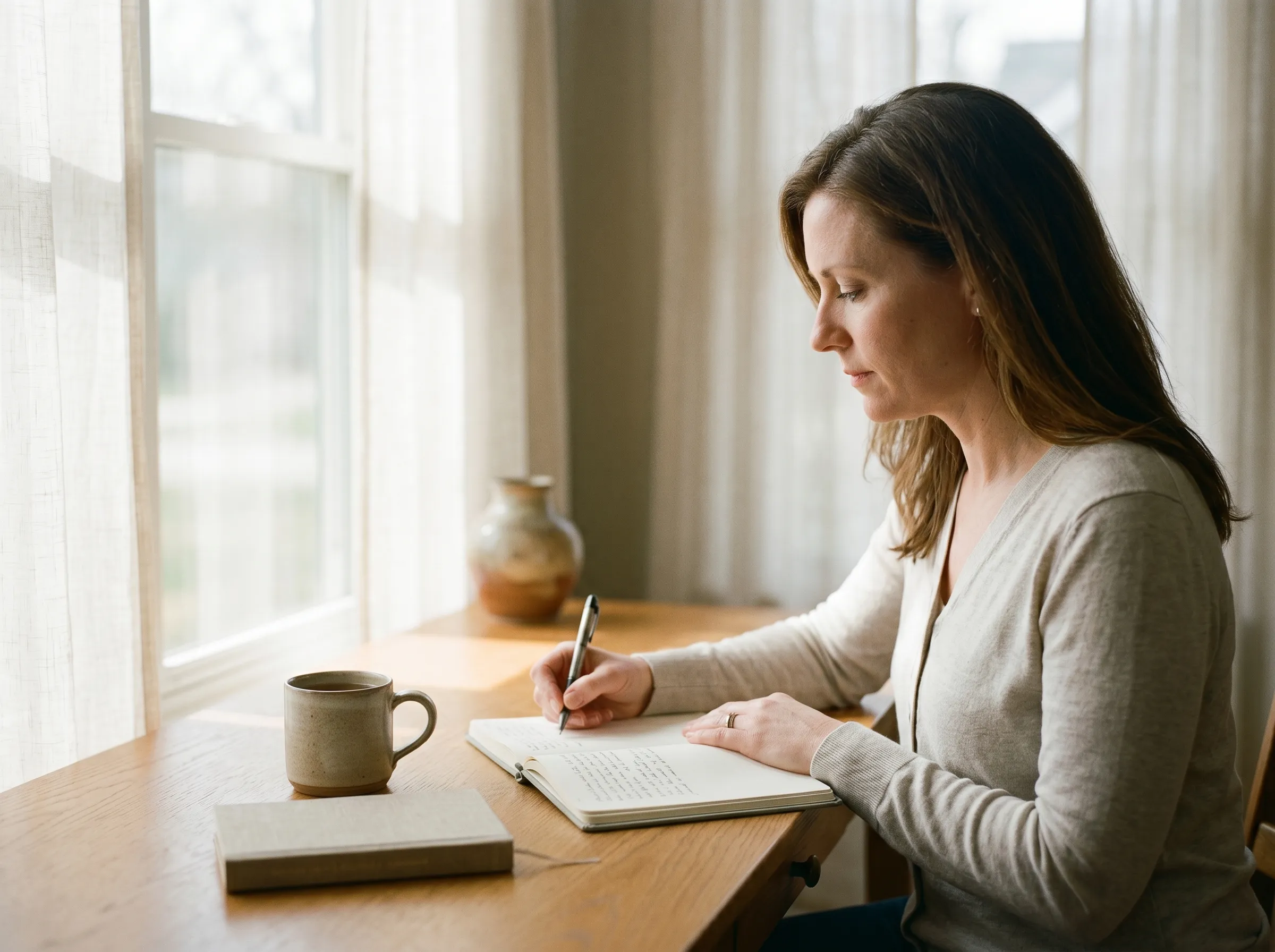 A woman in her 40s at a sunlit oak desk in a quiet home study, writing implements at hand, sheer linen window beyond.