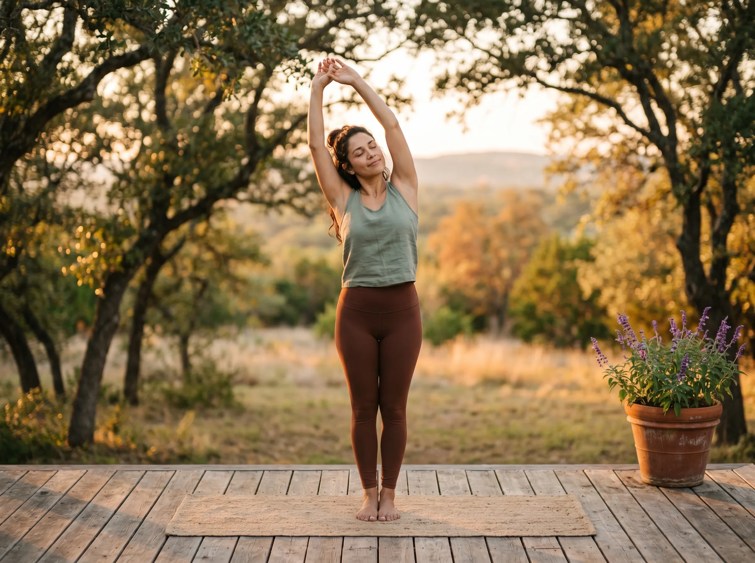 A woman in her 30s stretching her arms overhead on a sunlit cedar deck at late golden afternoon, Hill Country canopy beyond.