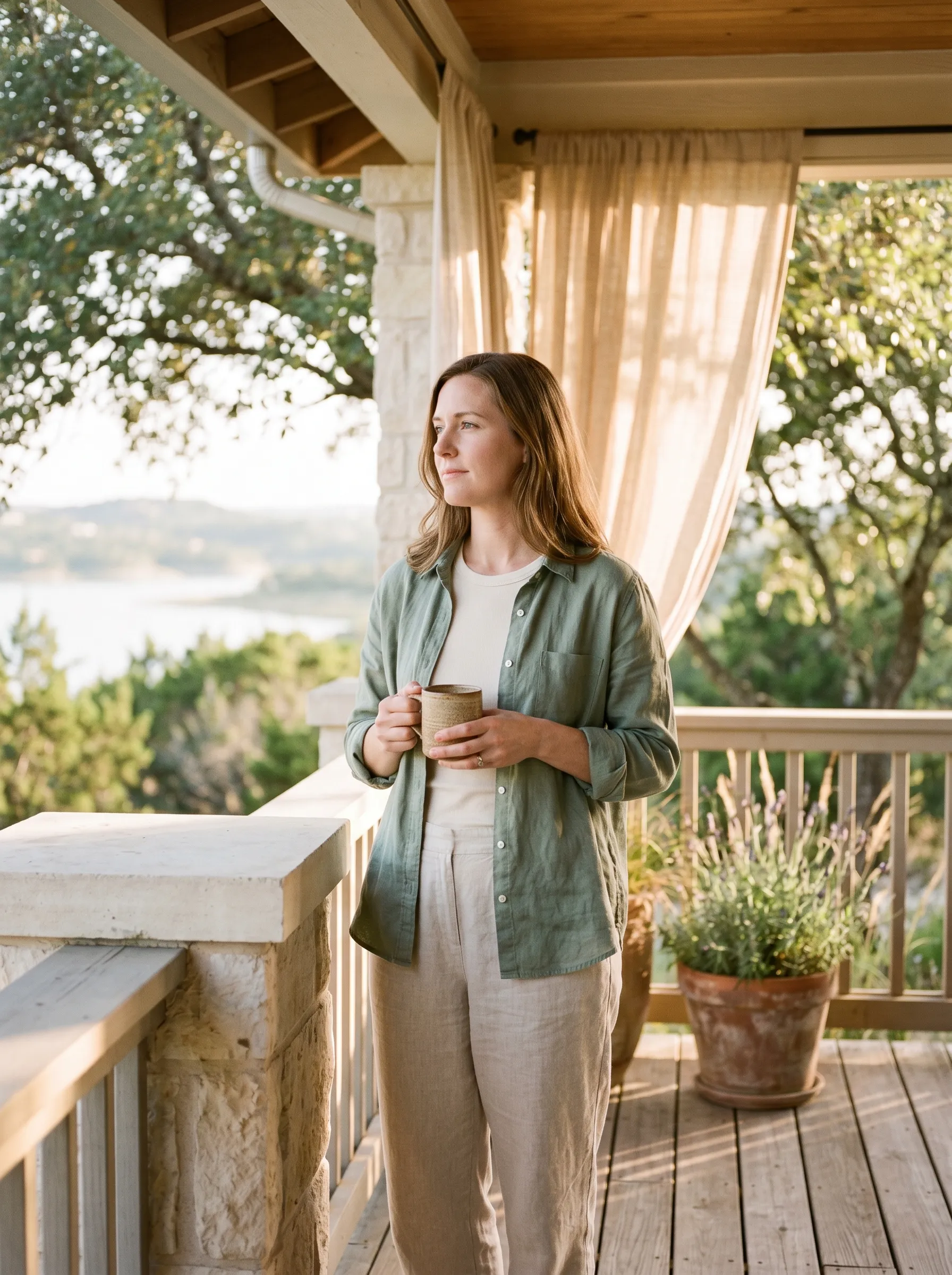 A woman in her late 30s on a covered Hill Country porch at late golden afternoon, holding a stoneware mug at chest height, with Lake Travis softly visible in the middle distance.
