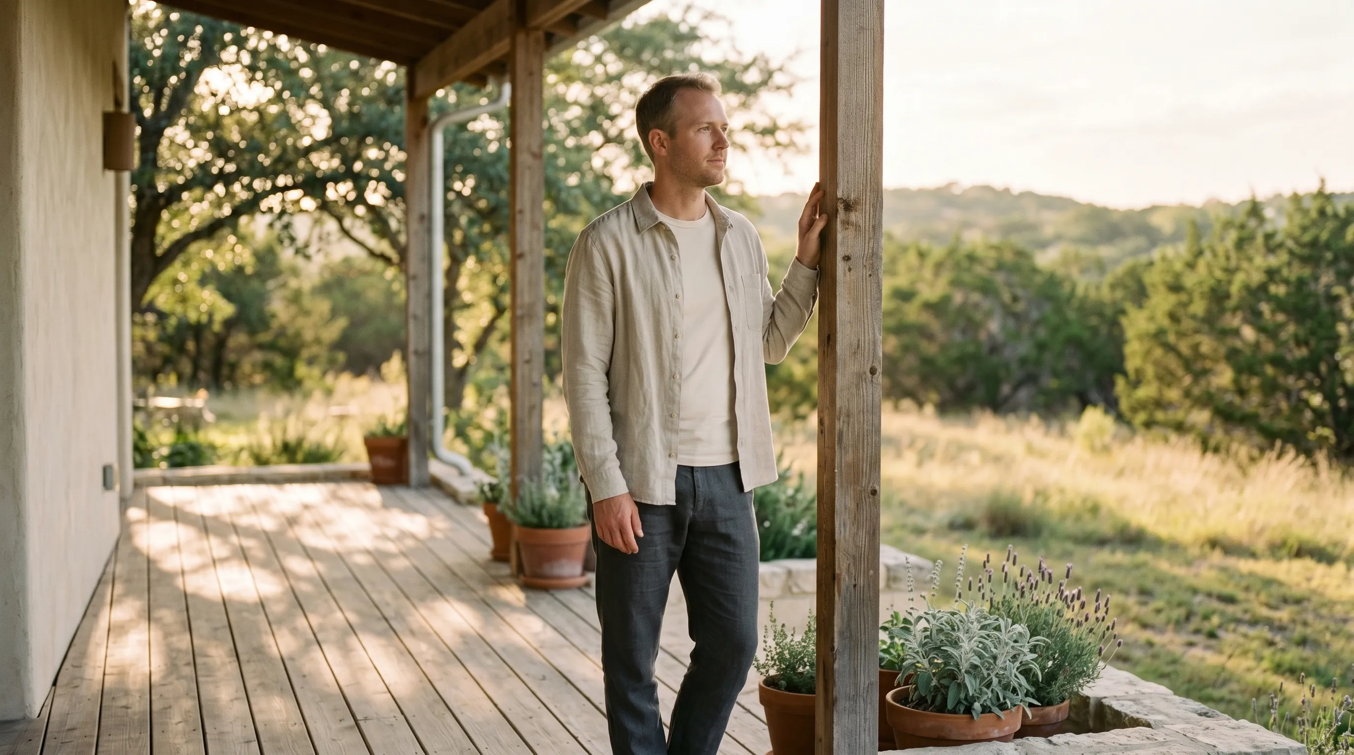 A white man, late 30s, leaning lightly against a weathered cedar post on a covered Hill Country porch at warm late golden afternoon, oat-linen overshirt over a cream tee with charcoal trousers, dappled live-oak canopy shadow across the porch and a soft Hill Country horizon in middle-distance bokeh.