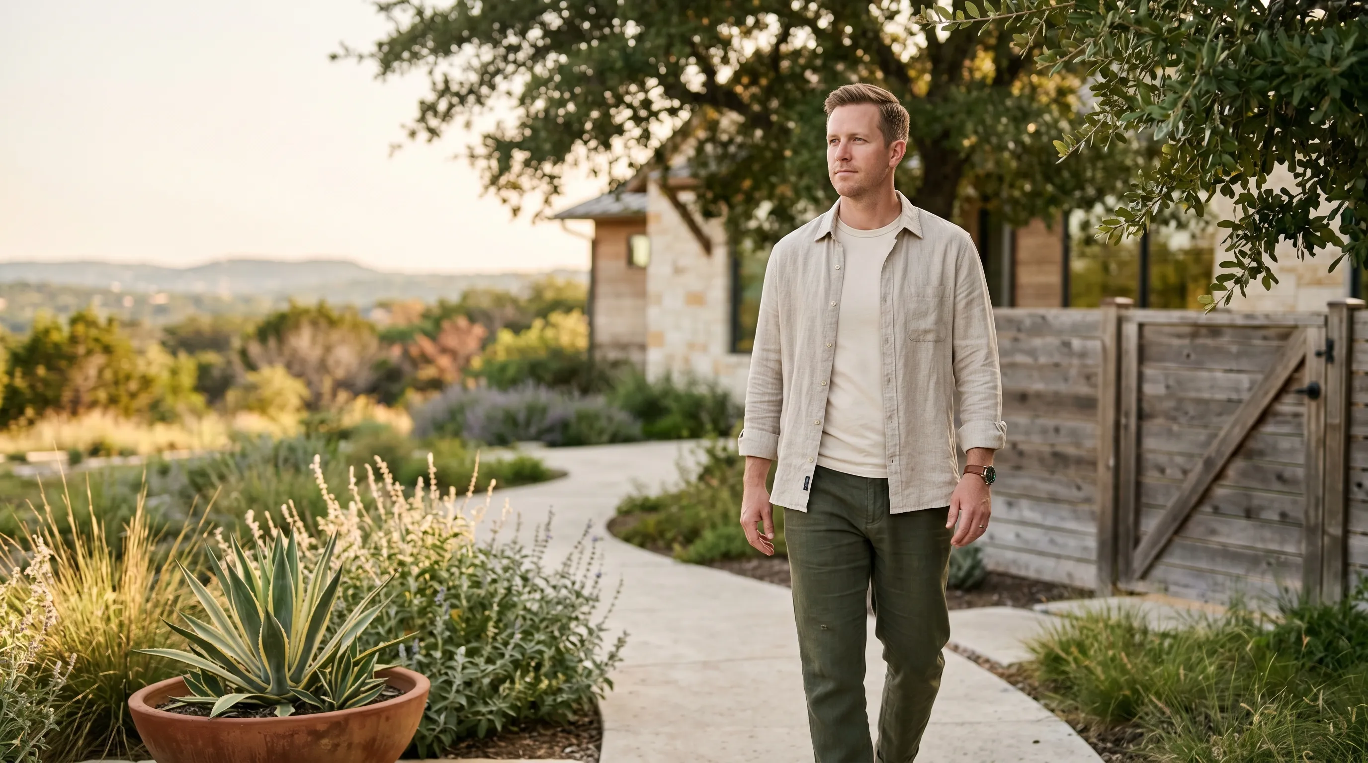 A white man, late 30s, walking forward at an easy pace along a smooth limestone path through a modern Hill Country contemporary front yard in Bee Cave at warm late golden afternoon, native silver salvia and Hill Country lavender along the path edges, dappled live-oak canopy shade across the path, Hill Country horizon softening to golden bokeh.