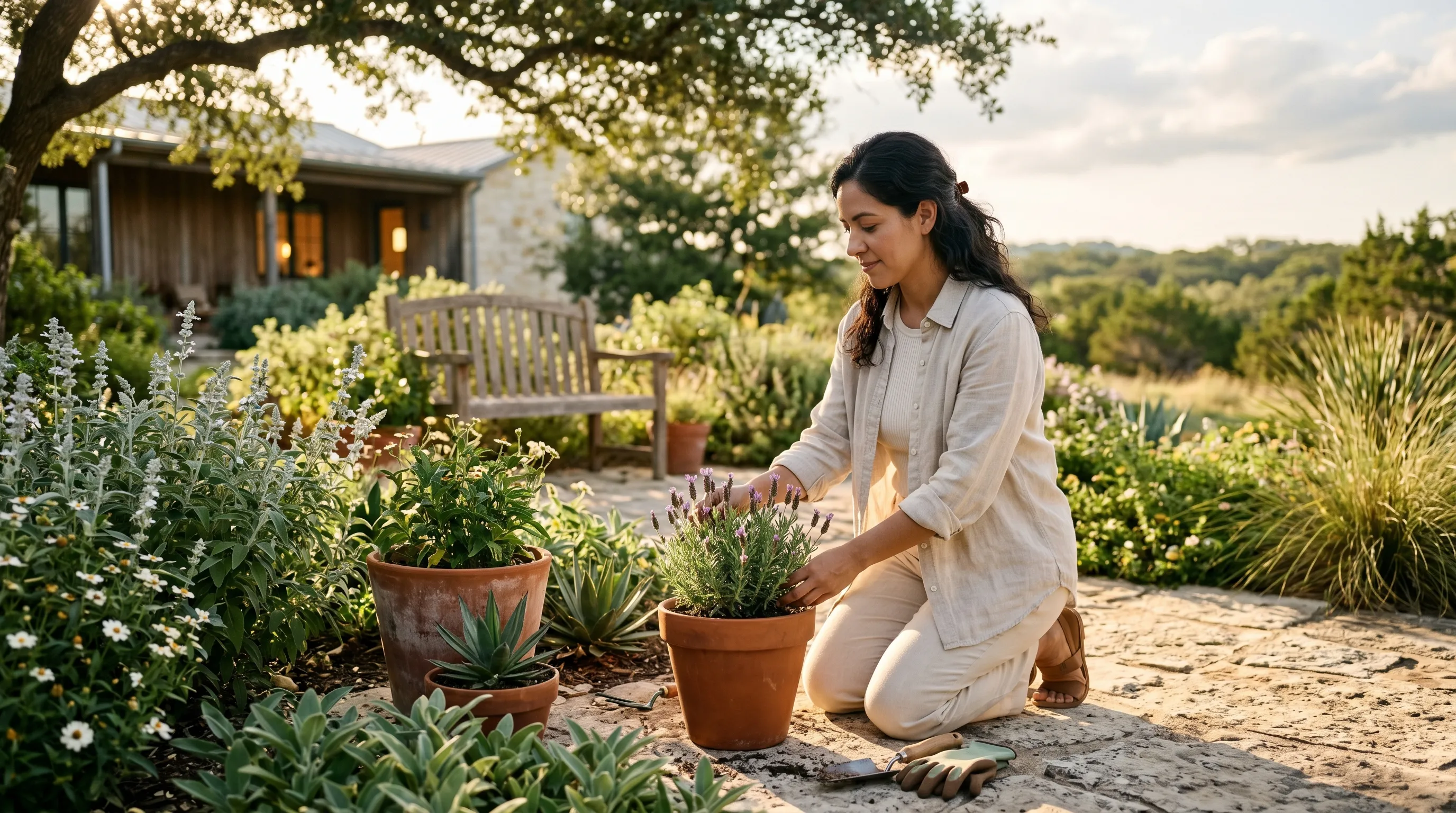 A Hispanic Latina woman, late 30s, kneeling lightly tending a terracotta-potted Hill Country lavender on a sun-warmed limestone garden patio in a Cedar Park neighborhood at warm late golden afternoon, native silver salvia and young agave in clean terracotta pots clustered nearby, dappled live-oak canopy overhead.