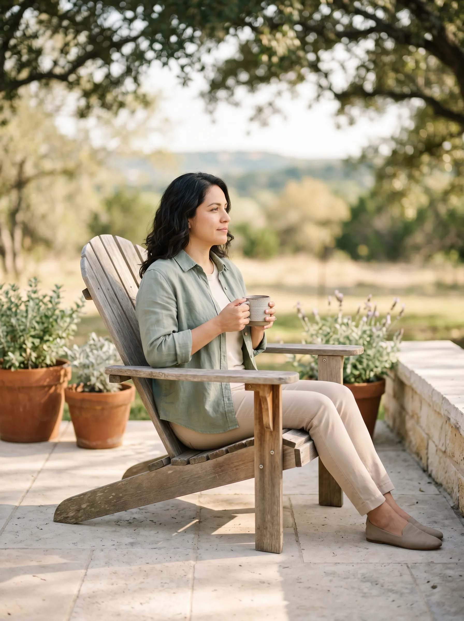 A white man in his late 40s with short salt-and-pepper hair, oat-linen overshirt and dark olive trousers, seated relaxed on a weathered cedar Adirondack chair on the limestone patio of a modern Hill Country home in Dripping Springs at warm late golden afternoon, holding a stoneware mug at chest height, terracotta-potted Hill Country sage along the patio edge, dappled live-oak canopy above, distant rolling Hays County hills in soft middle-distance bokeh.