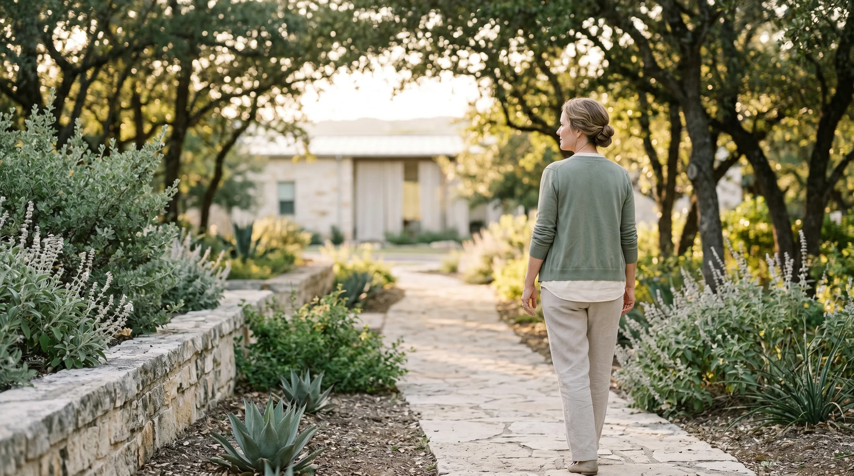 A white woman, mid 50s, walking a quiet limestone-paved neighborhood trail through a native xeriscape garden in a Georgetown, TX residential community at warm late golden afternoon, sage cardigan over warm-cream linen blouse, native Texas sage and silver salvia flanking a low limestone retaining wall, soft Hill Country oak canopy filtering light overhead.