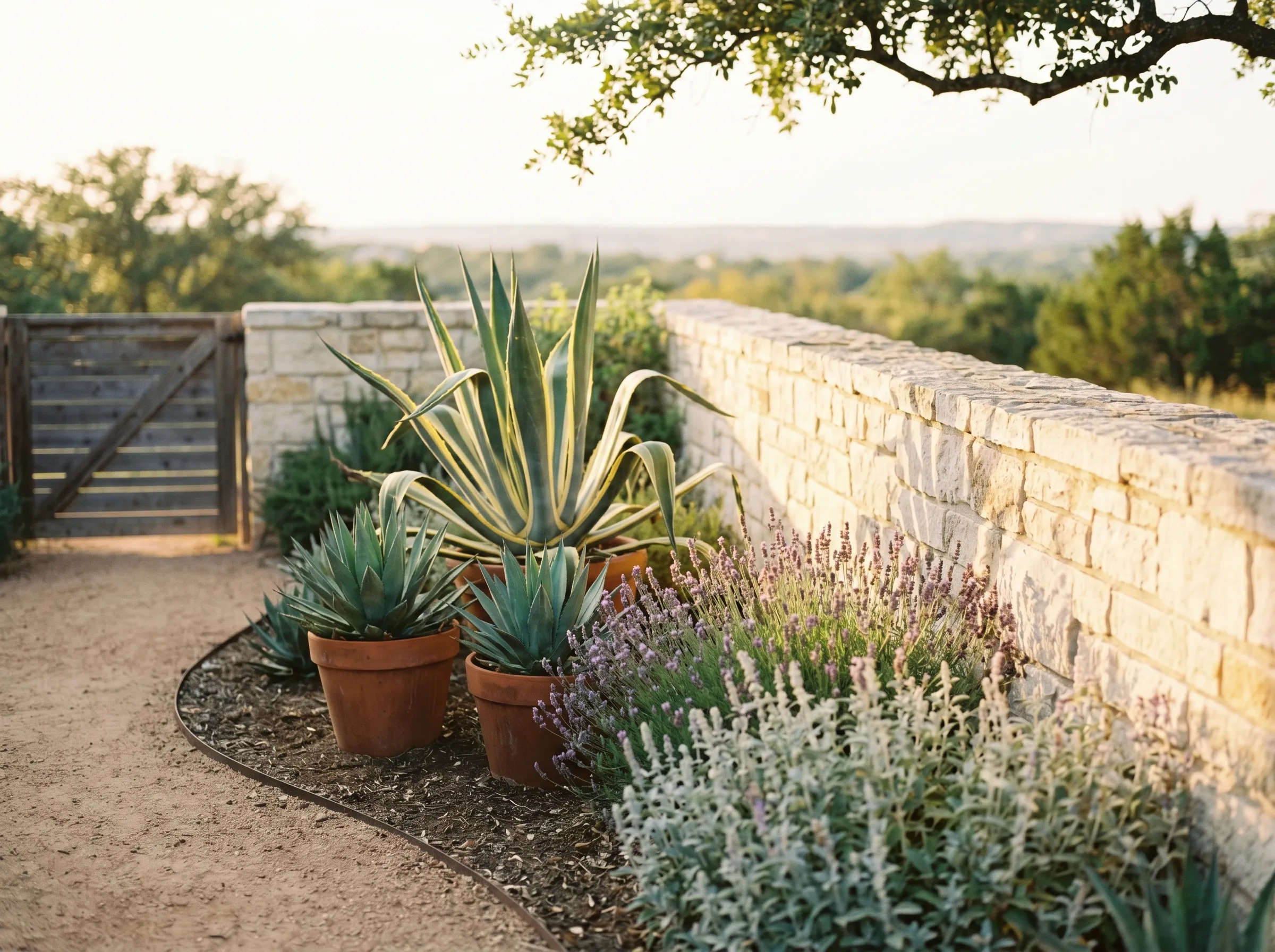 A native Hill Country contemporary garden in Dripping Springs at warm late golden afternoon, a low sun-warmed limestone wall running along the right edge, terracotta-potted young agave and a tall mature variegated agave in the bed, Hill Country lavender and silver salvia at the wall base, and a weathered cedar gate in the soft background bokeh.