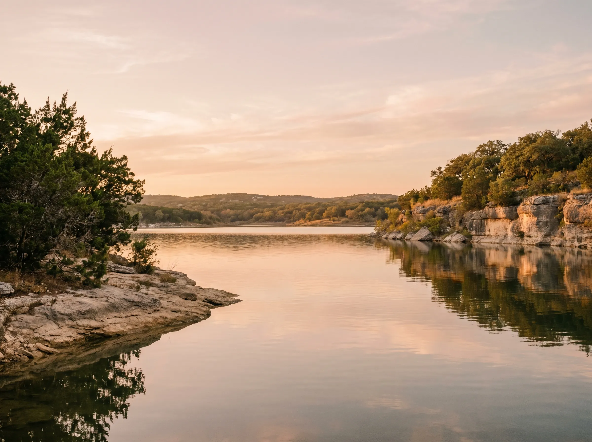 A wide late-afternoon view of a calm Lake Travis cove from a low limestone shoreline, glassy water reflecting warm pink-gold light, native juniper and Texas cedar on the left, sun-warmed limestone bluffs on the right, and a soft Hill Country horizon in middle-distance bokeh.