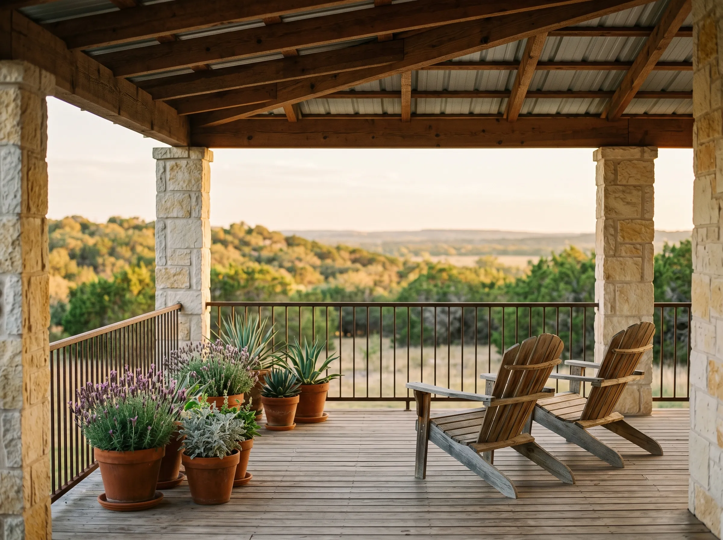 A covered Hill Country front porch in Spicewood at warm late golden afternoon, weathered cedar plank floor, sun-warmed limestone columns, two weathered cedar Adirondack chairs angled toward a wide rural Hill Country horizon, and terracotta pots of Hill Country lavender and silver salvia along the porch edge.