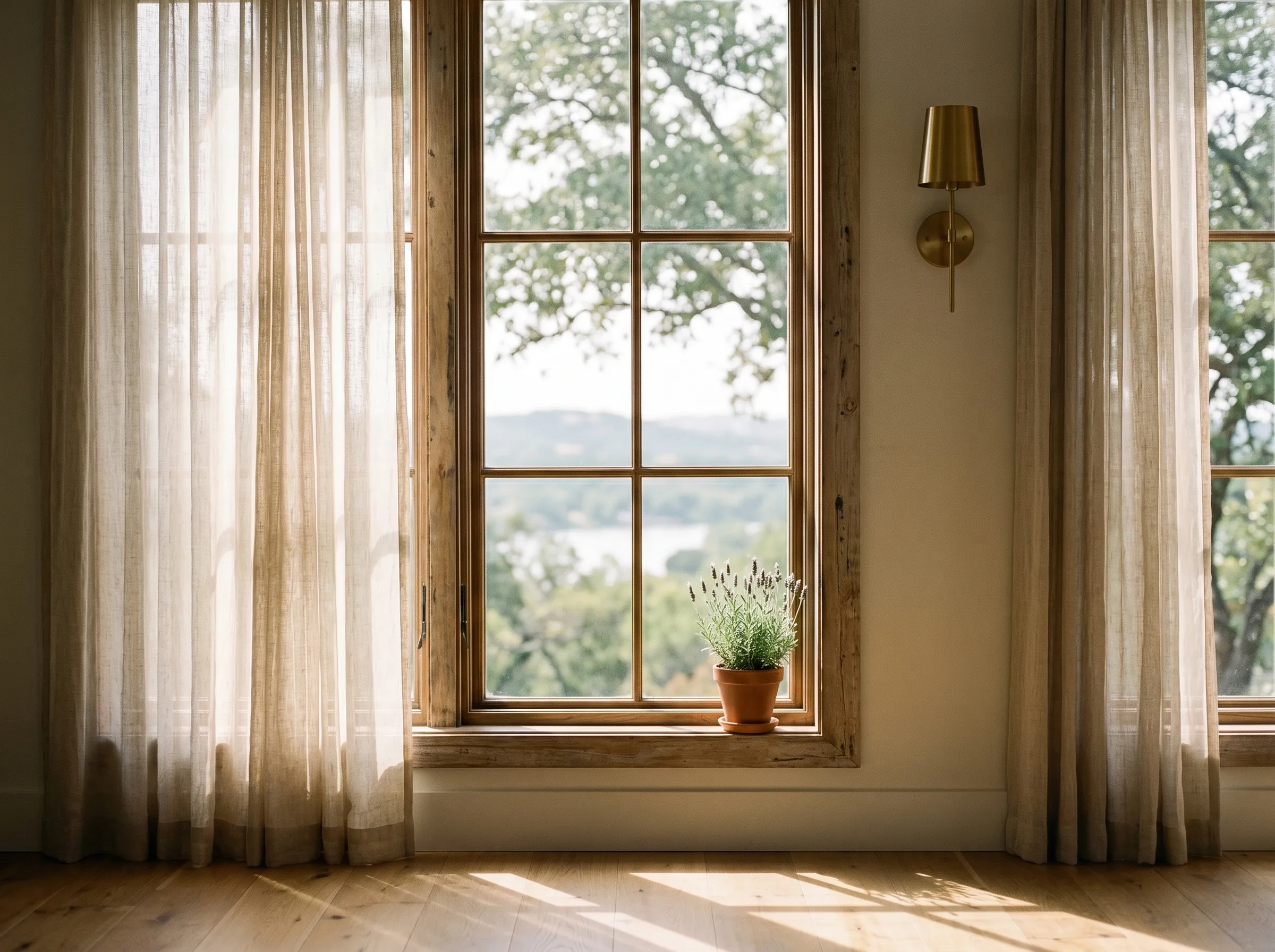 A tall paned wood-mullion window in a modern Westlake home at late morning, sheer linen curtains caught against the frame, soft golden Hill Country light spilling onto a warm white-oak floor, a brushed-brass wall sconce on the right and a small terracotta-potted Hill Country lavender on the windowsill.