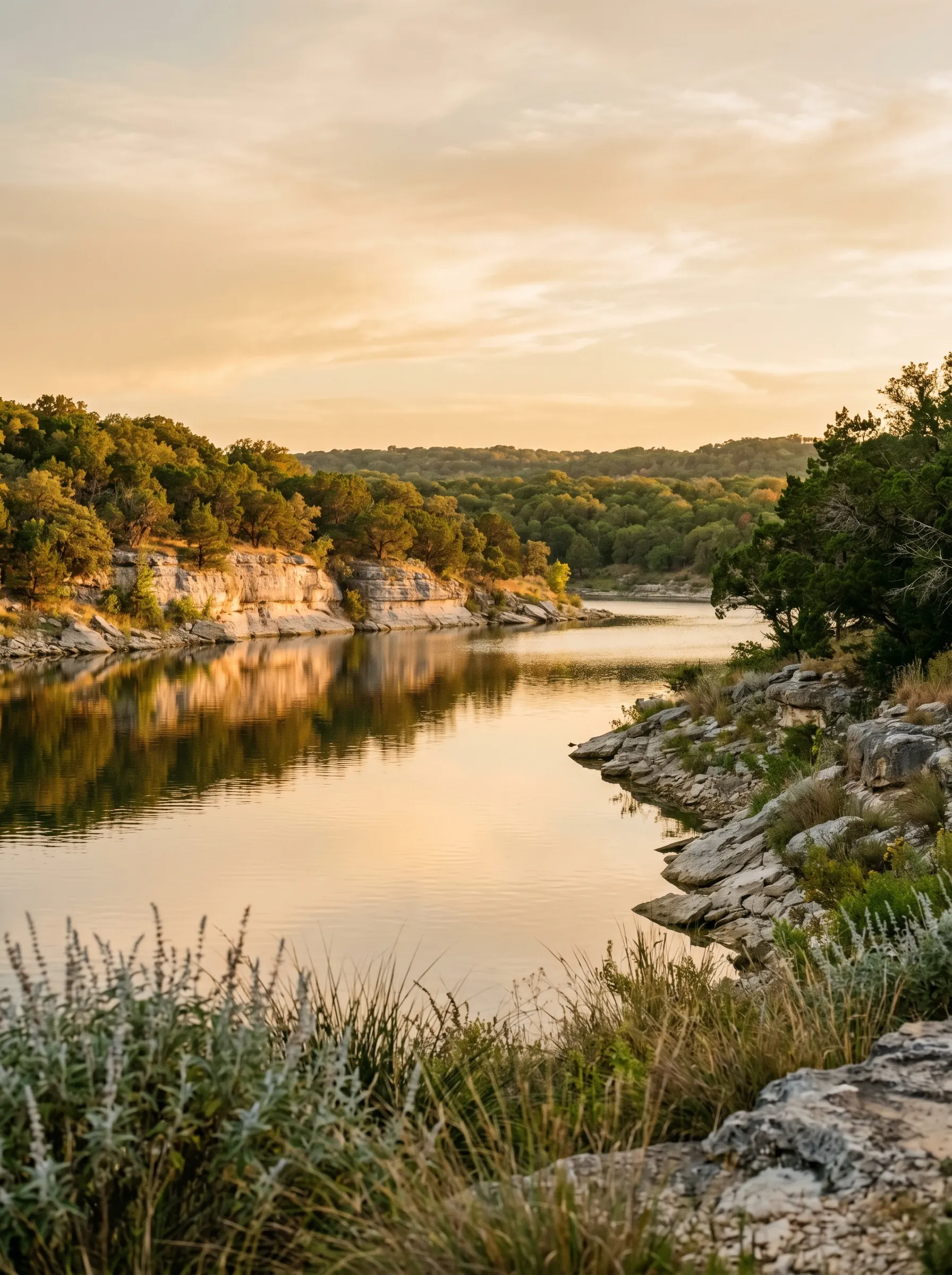 A calm Lake Travis cove at warm golden late afternoon, glassy water reflecting late-day pink-gold light, native juniper and Texas cedar on the right shoreline, and a soft Hill Country horizon with live-oak canopy in middle-distance bokeh.