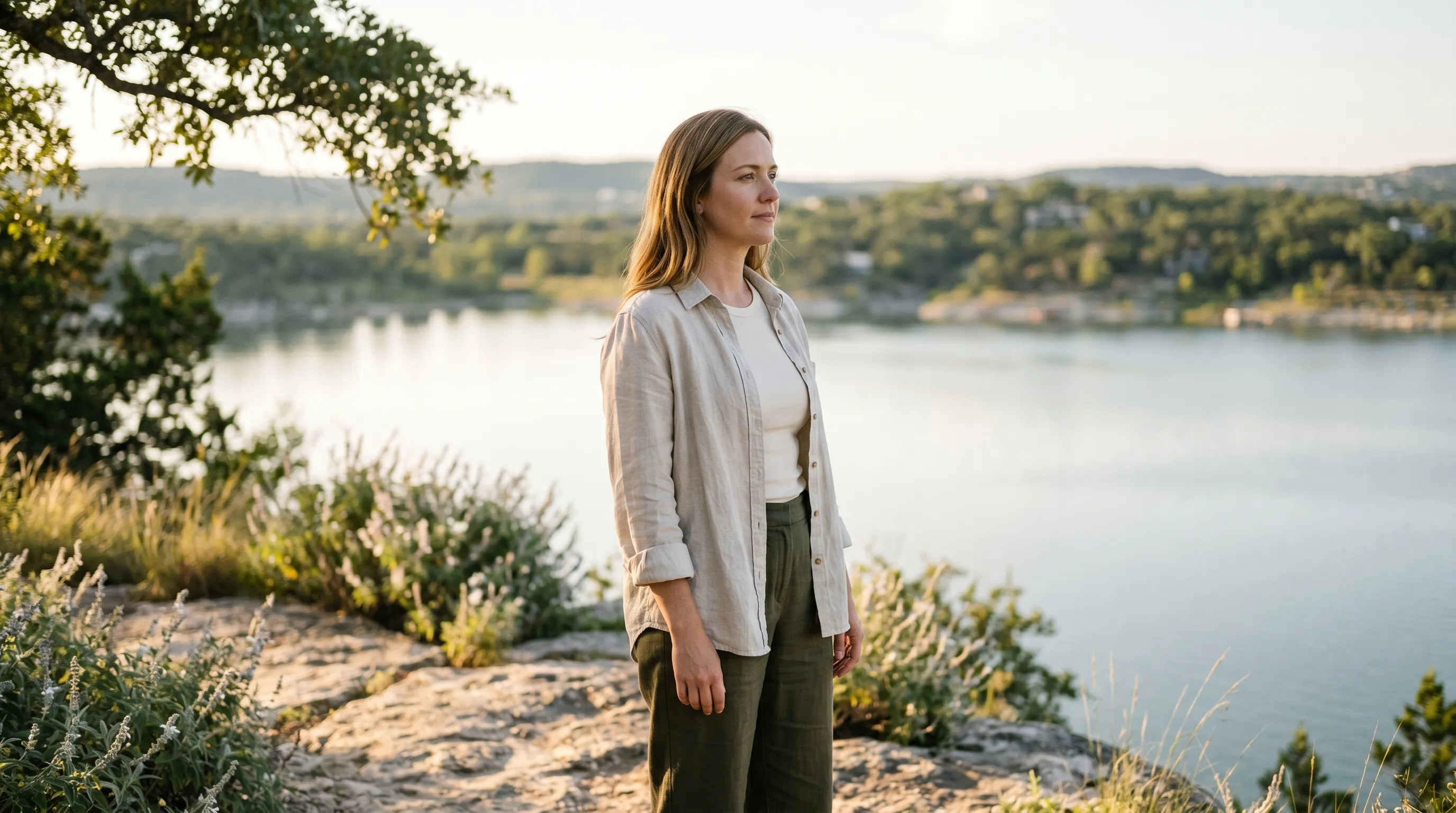 A white woman, mid-30s, standing on a sun-warmed limestone overlook above the north shore of Lake Travis near Lago Vista at late golden afternoon, hands loose at her sides, calm grounded gaze across the lake toward the distant Hill Country ridges of the south shore.