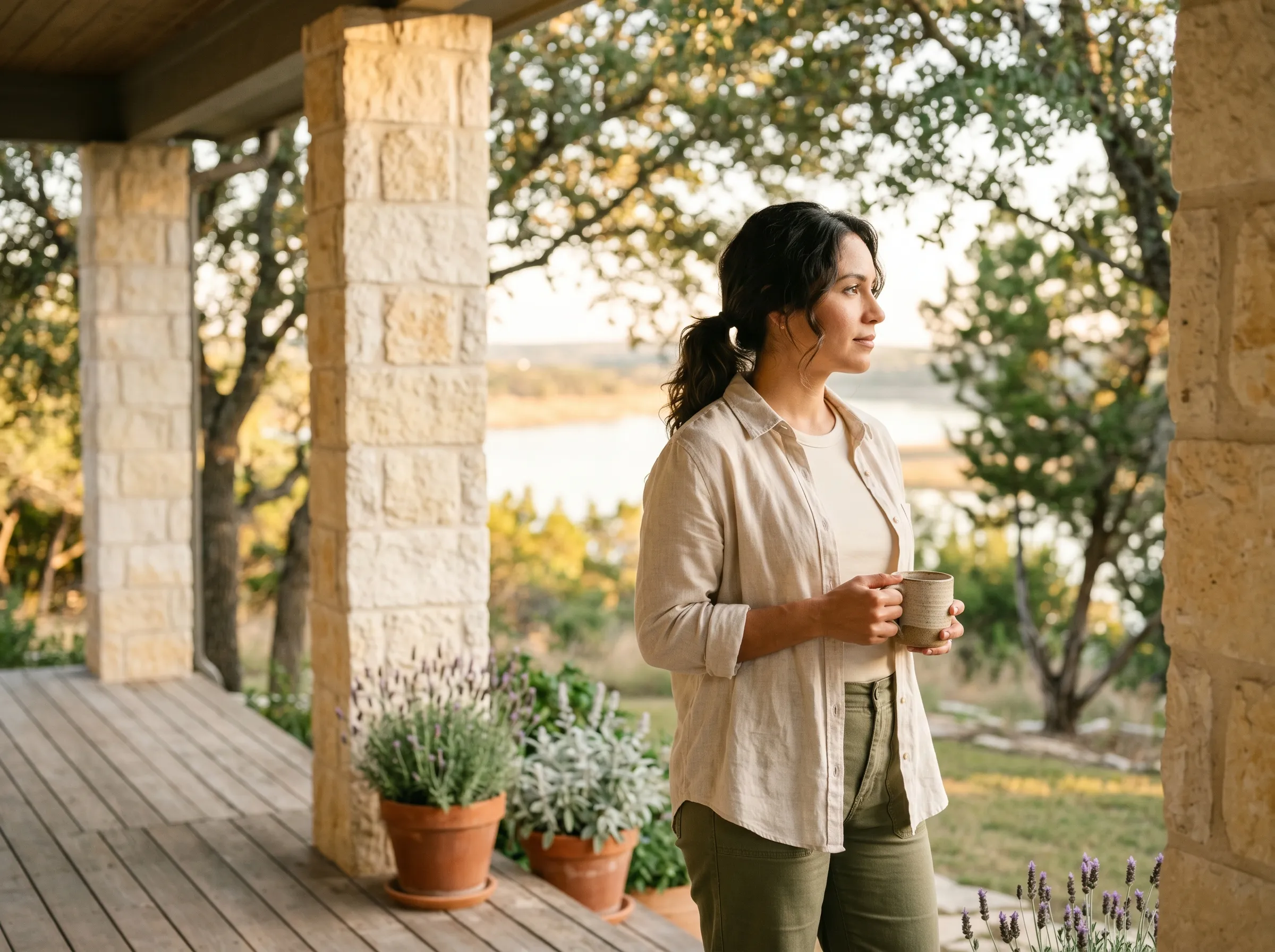 A Hispanic/Latina woman in mid-body three-quarter profile on the covered porch of a modern Hill Country home in Lakeway at warm late golden afternoon, holding a stoneware mug, weathered cedar plank floor, sun-warmed limestone columns, terracotta-potted lavender and silver salvia, with Lake Travis as a soft golden ribbon in middle-distance bokeh.