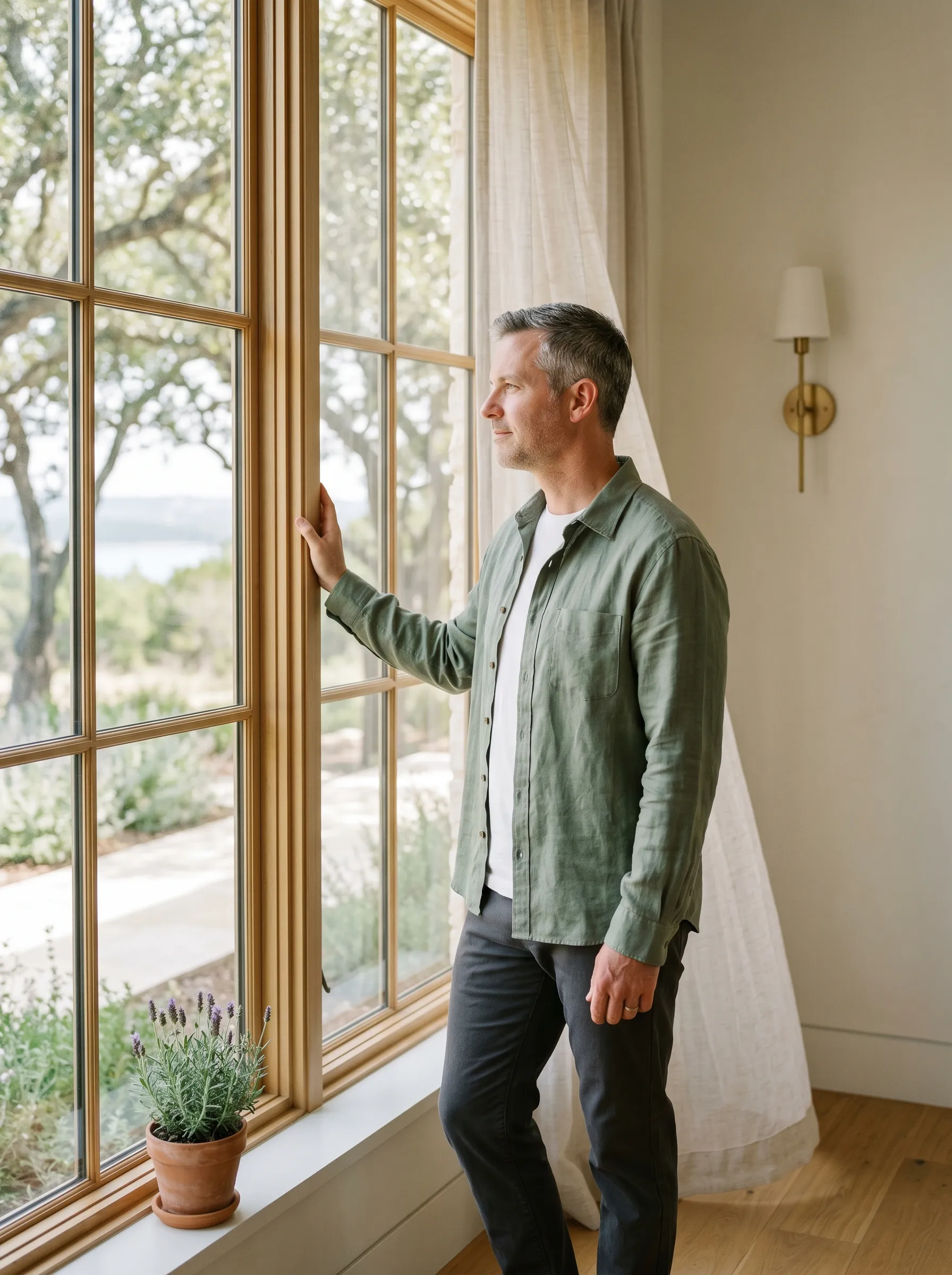 A white man in his late 40s stands in mid-body three-quarter profile at a tall paned wood-mullion window of a modern Hill Country home interior, sage linen overshirt and charcoal trousers, one hand on the window jamb, looking calmly outward at a dappled live-oak yard and a faint hint of Lake Travis beyond.
