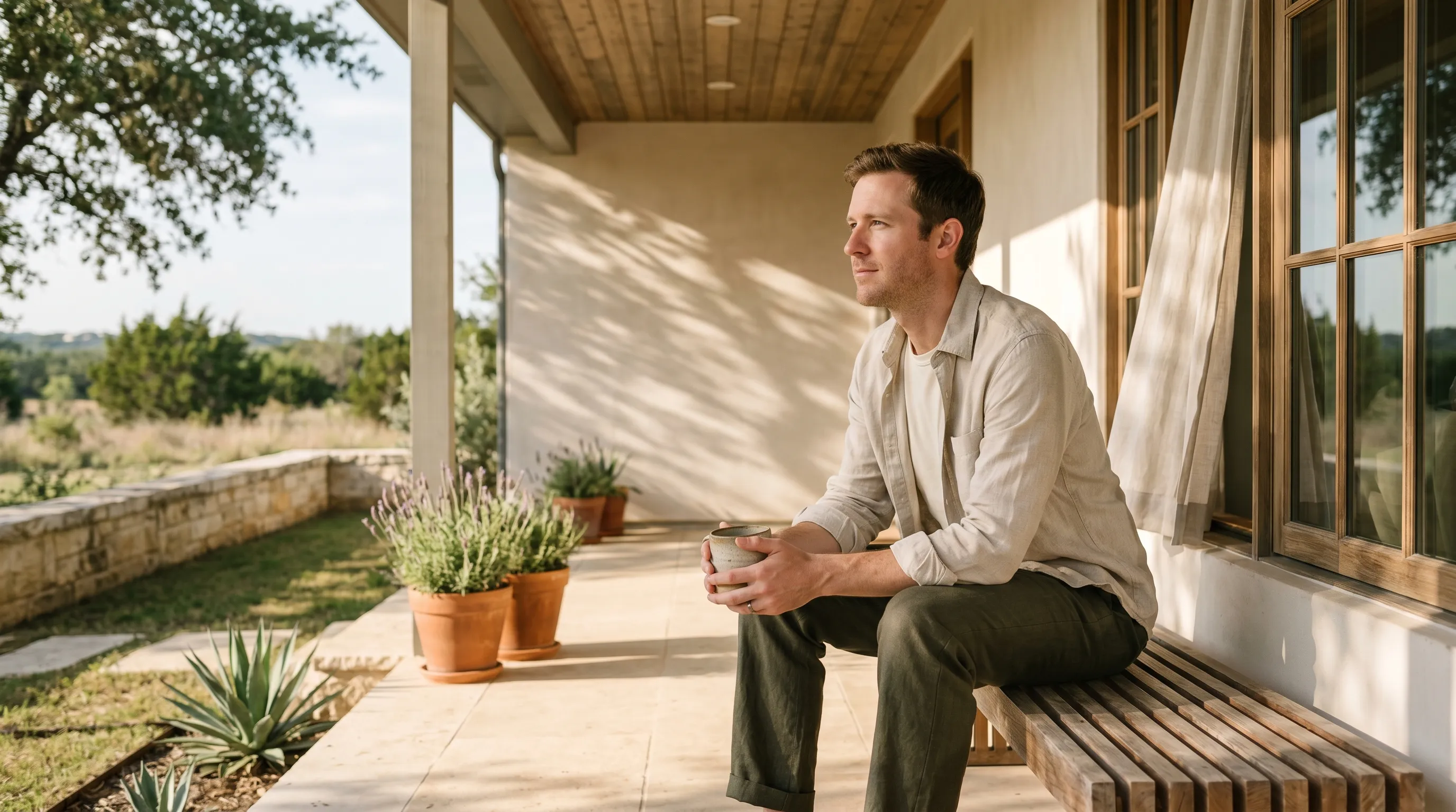 A white man, late 30s, seated quietly on a low weathered cedar slat bench on the covered front porch of a modern Hill Country contemporary home in a Leander neighborhood at warm late golden afternoon, both hands cradling a stoneware mug at chest height, dappled live-oak canopy shadow across the porch floor and a soft Hill Country horizon in middle-distance bokeh.