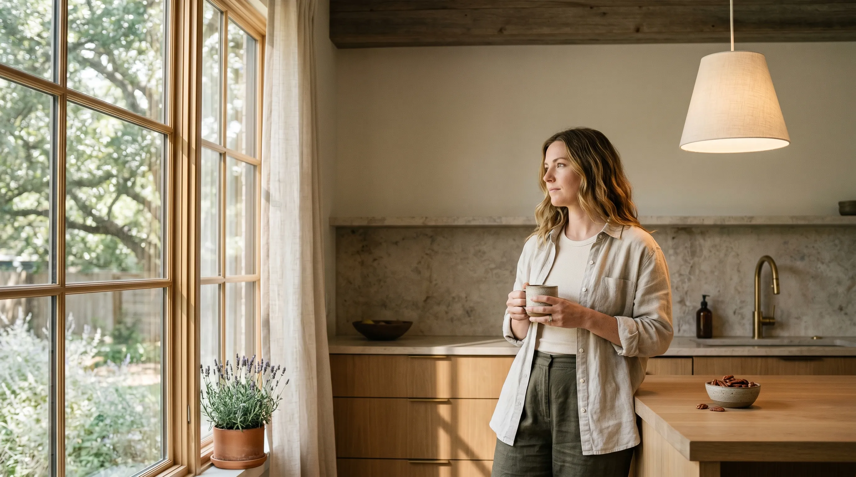 A white woman, mid 30s, standing in a sunlit white-oak kitchen at the island, both hands cradling a stoneware mug at chest height, with a tall paned window and dappled live-oak canopy beyond.