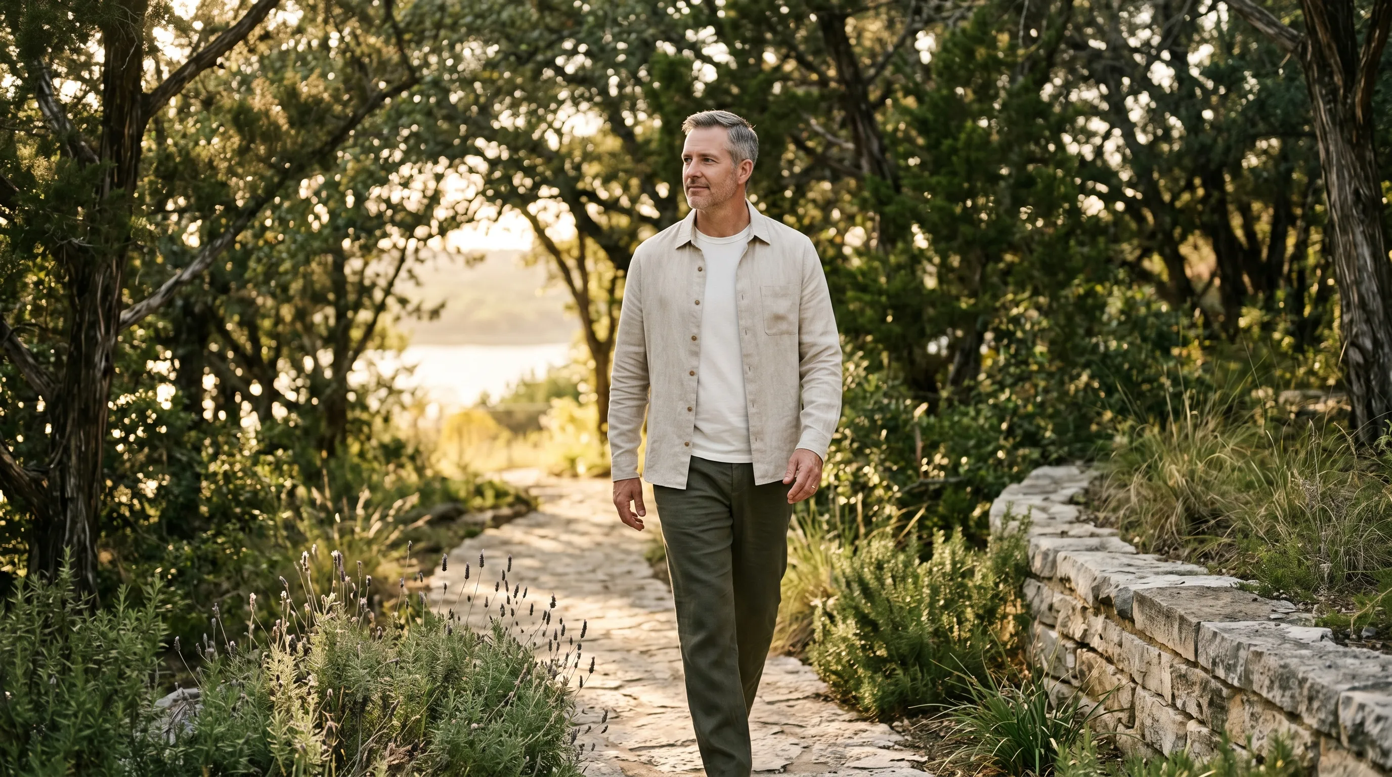A white man in his late 40s with short salt-and-pepper hair, oat-linen overshirt and dark olive trousers, walking forward at an easy pace along a smooth limestone path through a wooded Hill Country property in Spicewood at warm late golden afternoon, native lavender and silver salvia along the path edges, low limestone retaining wall along the right, distant Lake Travis softly visible through the live-oak canopy.