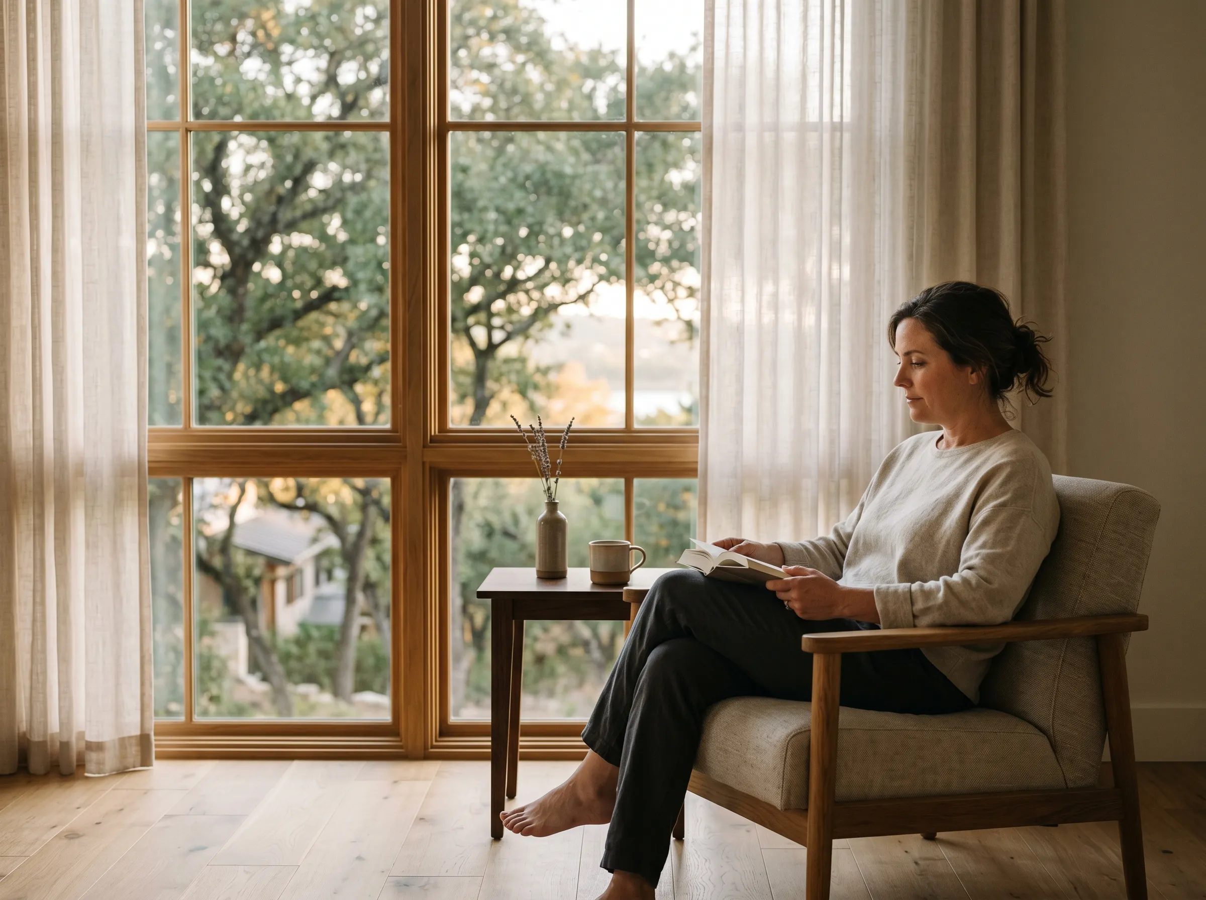 A white woman in her late 40s reading a hardback book by a tall paned wood-mullion window inside a modern Hill Country contemporary home in West Lake Hills at warm late golden afternoon, linen oatmeal sweater and warm oak armchair, dappled live-oak shadow across the wide-plank white-oak floor, sheer linen panels softening the light, a slender stoneware vase on a side table.