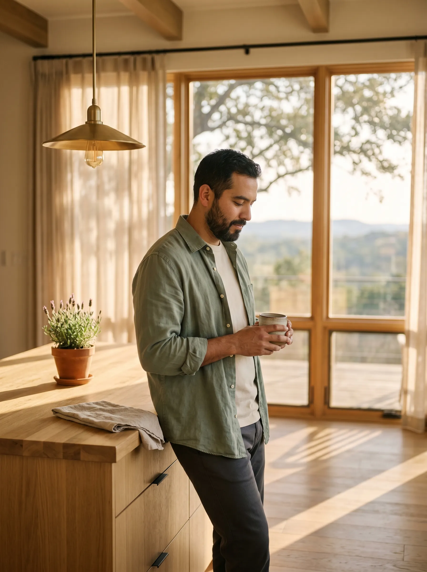 A Hispanic man in his late 30s standing at a sunlit white-oak kitchen island inside a modern Hill Country contemporary home in West Lake Hills at warm late golden afternoon, holding a stoneware mug of coffee, brushed brass pendant overhead, terracotta-potted Hill Country lavender on the counter, dappled live-oak shadow across the floor through a tall paned window beyond.