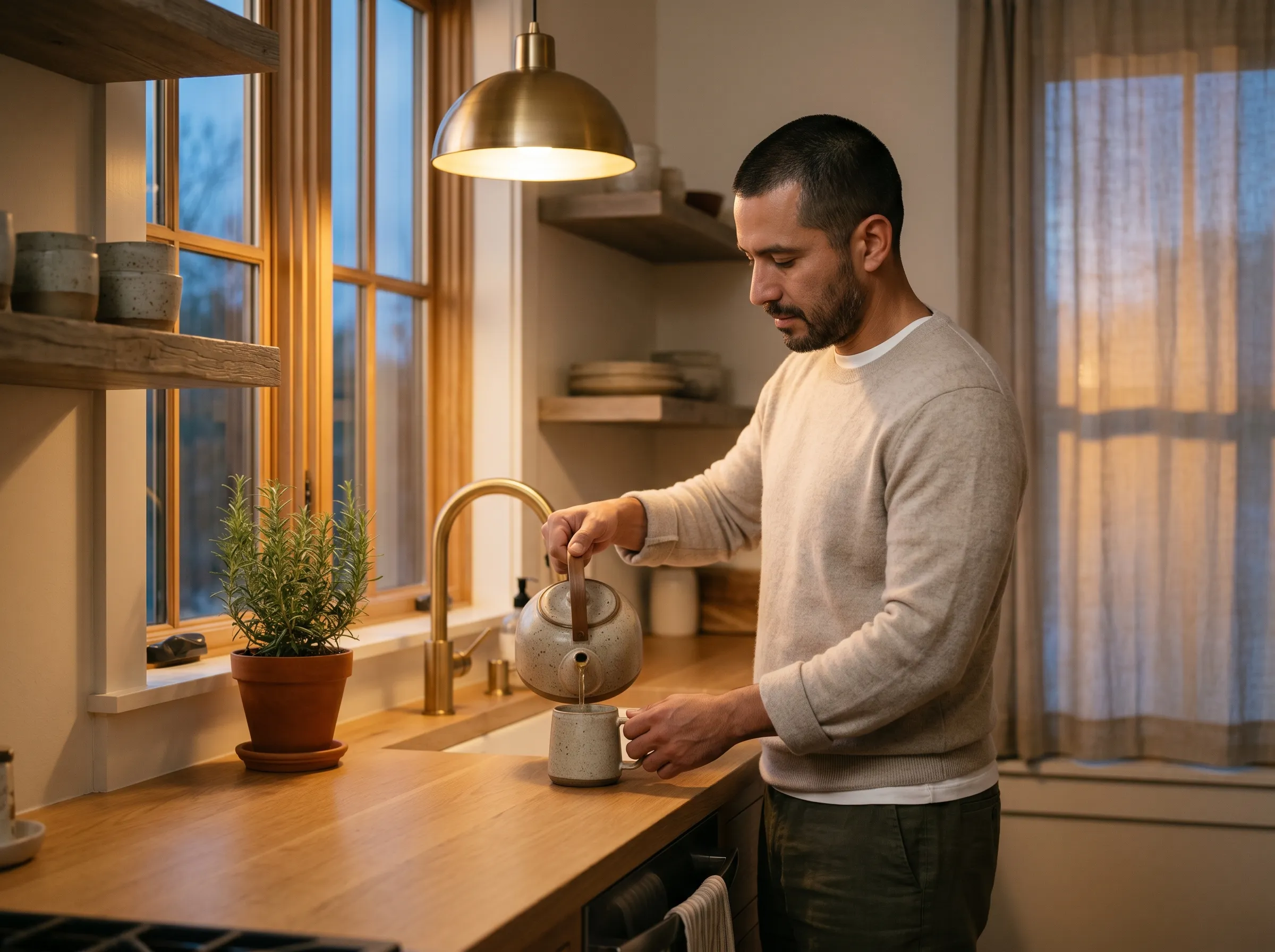 A Hispanic-Latino man in his late 30s in a cream cashmere sweater pouring fresh-brewed tea from a stoneware kettle into a stoneware mug at a warm white-oak kitchen counter, brushed-brass pendant casting a warm pool of light, terracotta-potted rosemary on the windowsill and Hill Country dusk through the paned window.