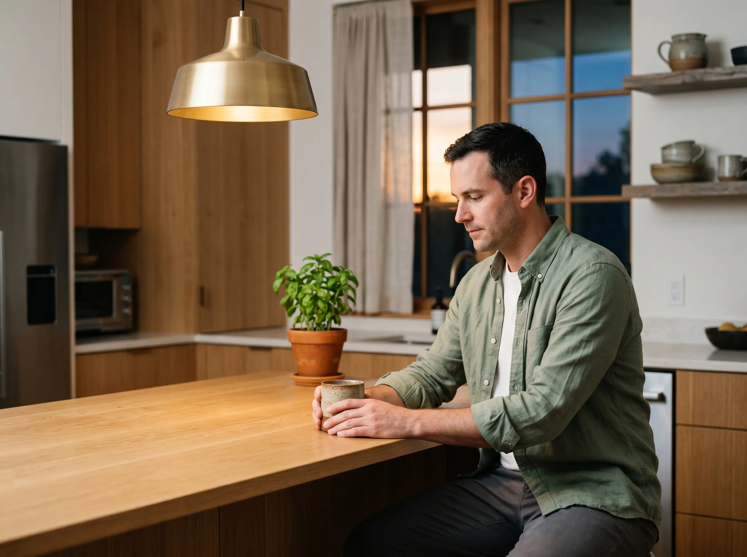 A white man in his late 30s in a sage linen button-up seated at a sun-warmed white-oak kitchen island, hands resting around a stoneware mug, brushed-brass pendant warm overhead and Hill Country dusk fading to blue beyond the paned window behind him.