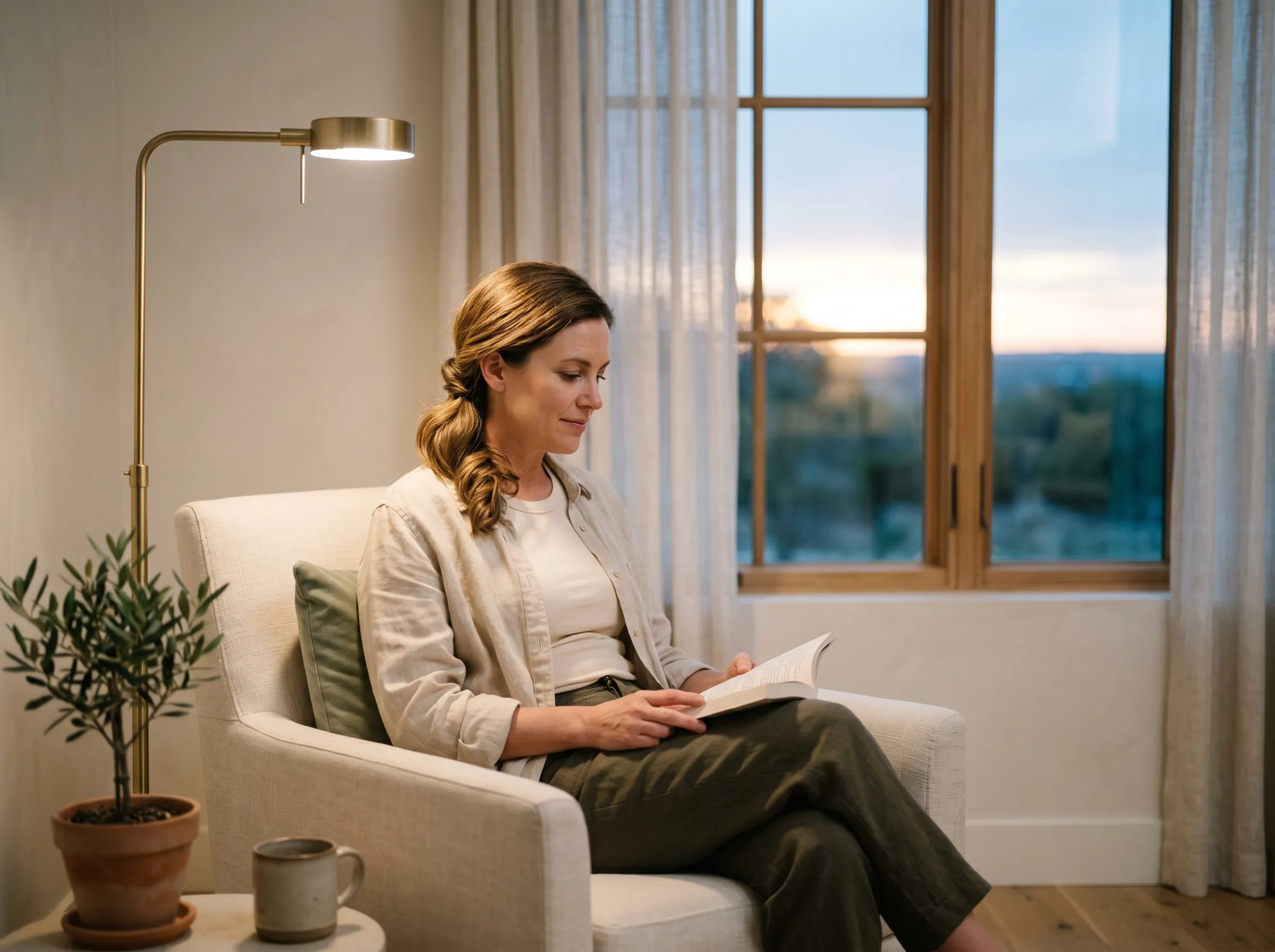 A white woman in her early 40s with shoulder-length warm dark blonde hair seated in a cream-linen reading chair beside a paned wood-mullion window, holding an open softcover paperback in her lap, brushed-brass floor lamp casting a warm pool of light, soft Hill Country dusk behind the glass.