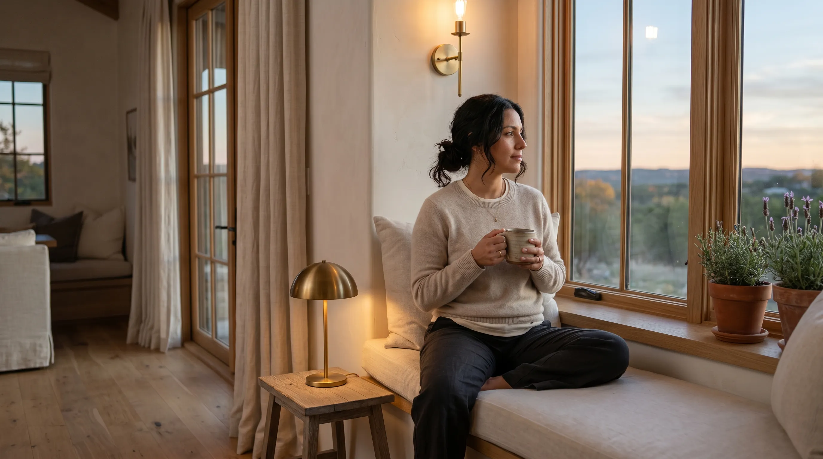 A Stepwell guest, a Hispanic-Latina woman in her early 30s in an oatmeal cashmere sweater, seated on a cream-linen window seat at a tall paned wood-mullion window with a stoneware mug at chest height, brushed-brass wall sconce and table lamp warming the interior as a calm Hill Country horizon fades to dusk through the glass.