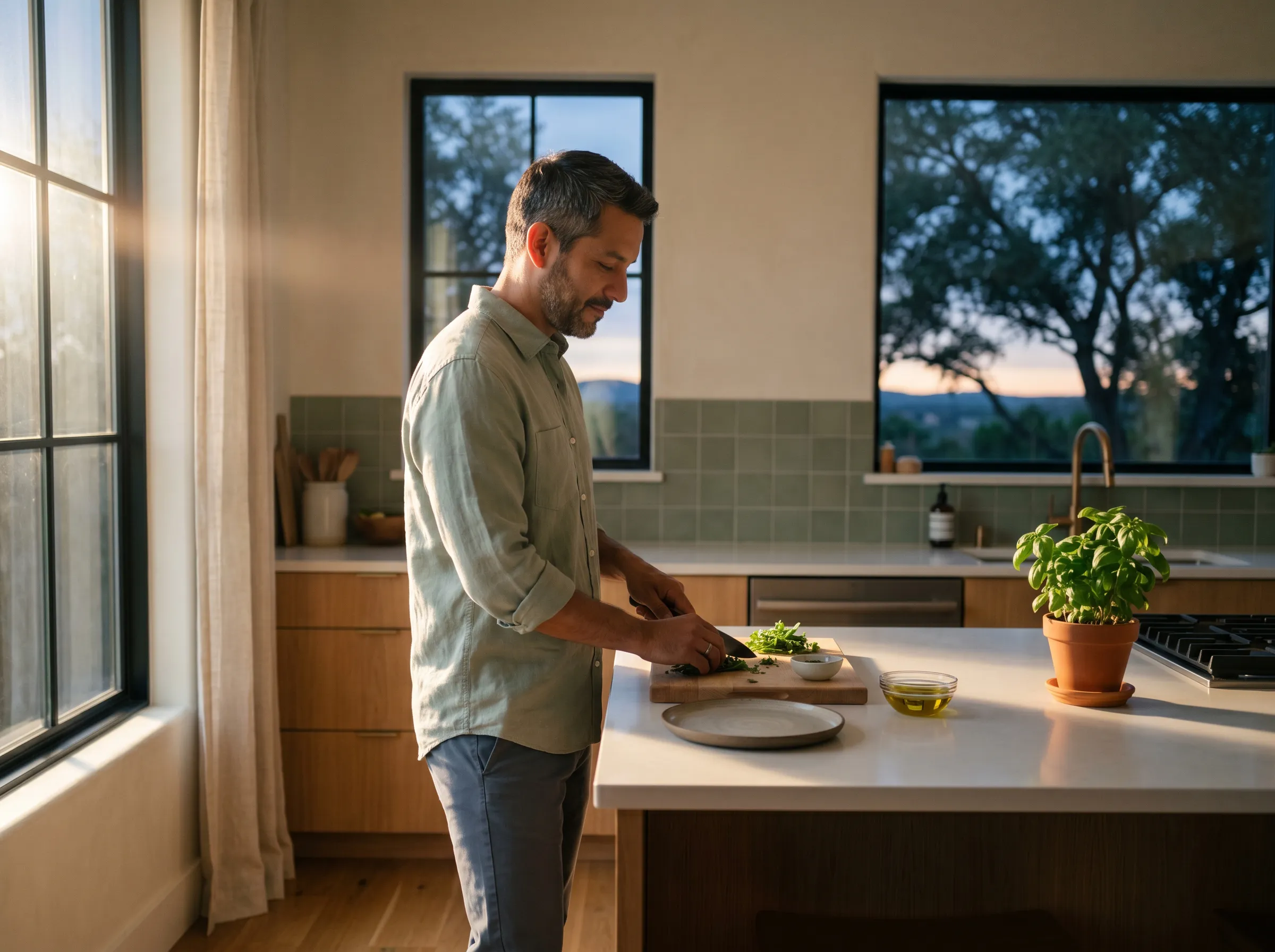 A man preparing dinner in a sunlit kitchen at golden hour, with a Hill Country twilight sky beyond the window.