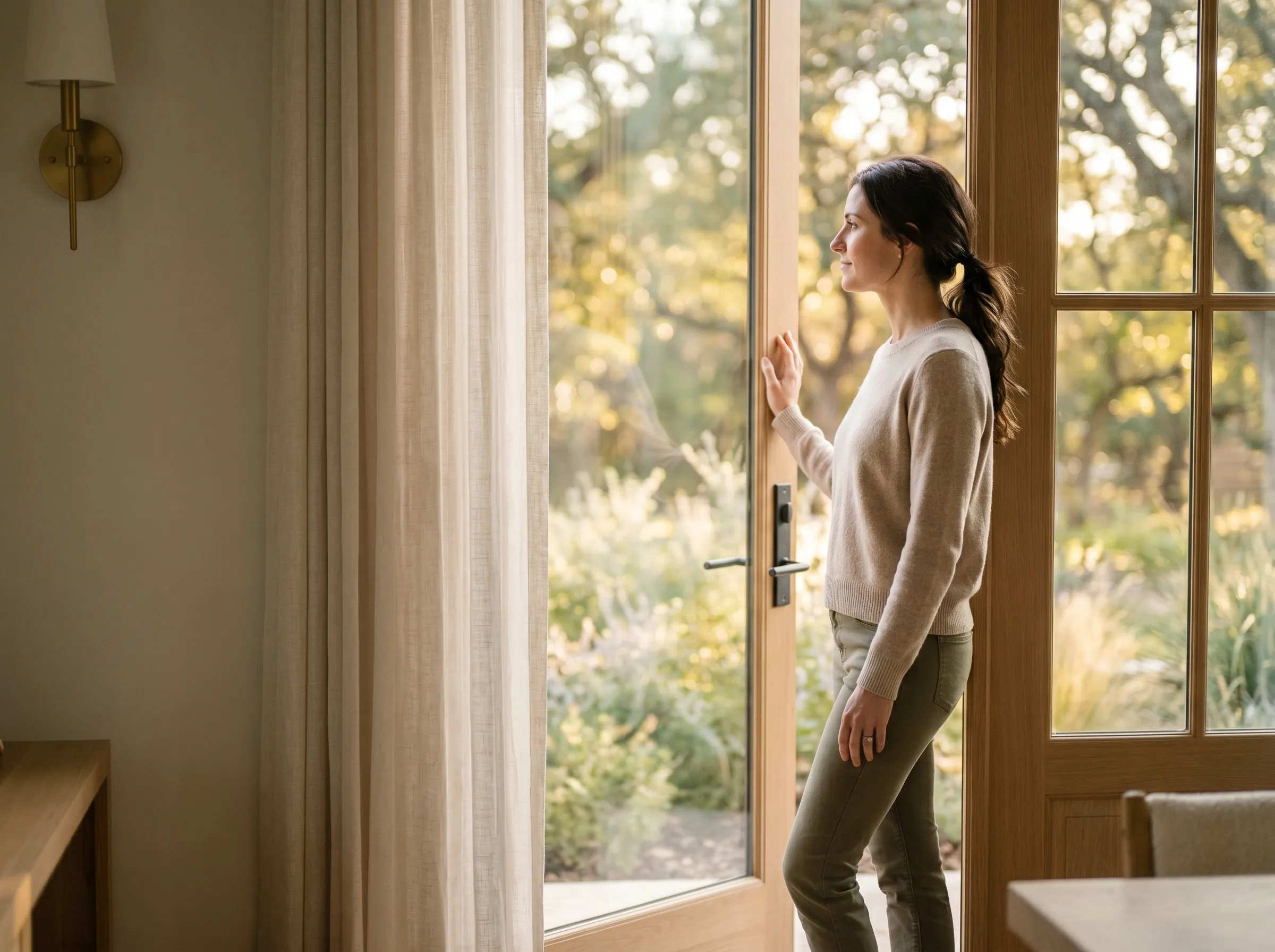 A woman pausing at a paned-glass back door of a Hill Country home, looking out at a soft garden of sage and native grasses in late afternoon light.
