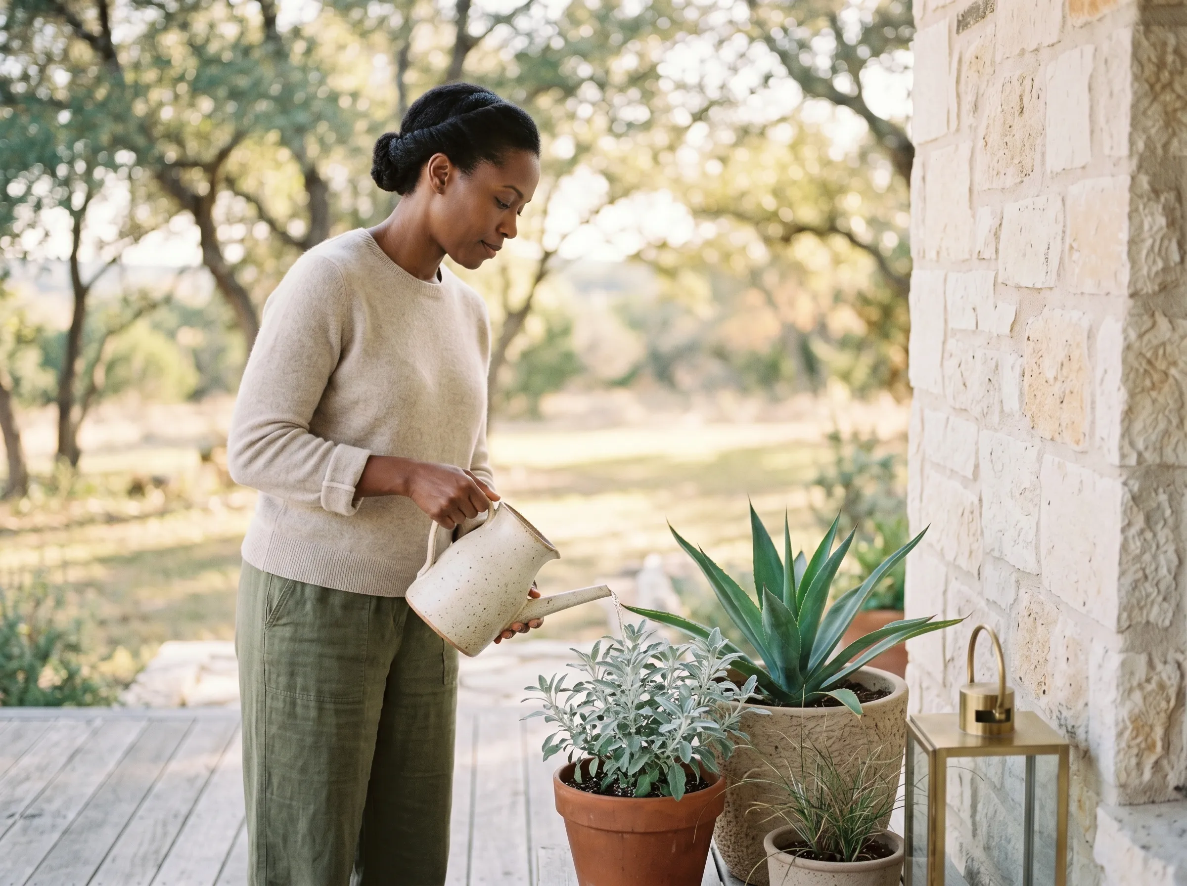 A woman watering native plants on a limestone-walled covered patio in soft mid-morning light.