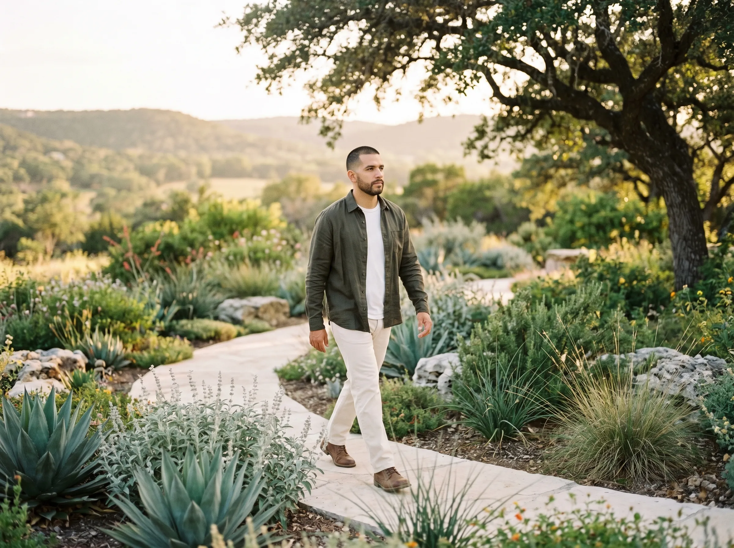A man walking up a smooth limestone garden path between agave and silver salvia at warm golden hour, Hill Country horizon softening behind him.
