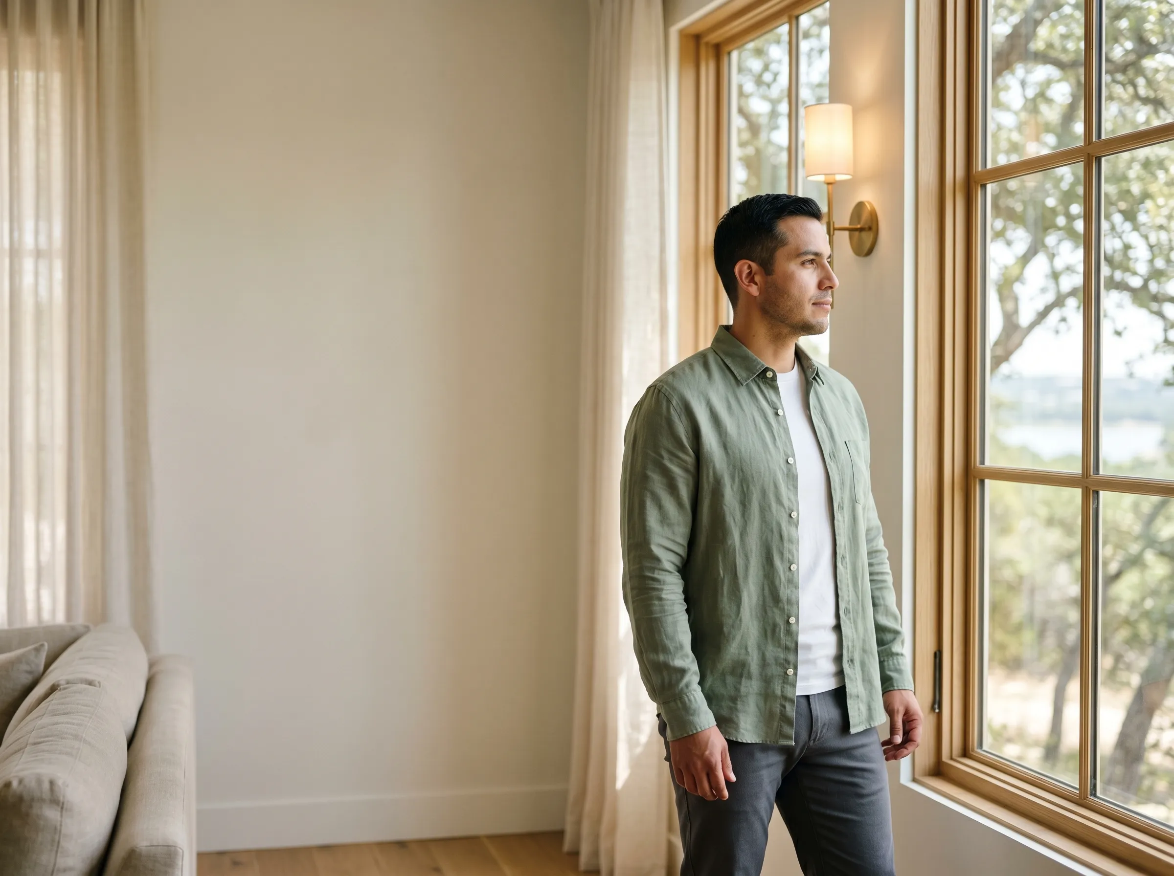 A Stepwell guest standing in a sunlit modern Hill Country living room, three-quarter profile at a paned wood-mullion window, looking out onto a live-oak canopy and the soft middle distance of Lake Travis.