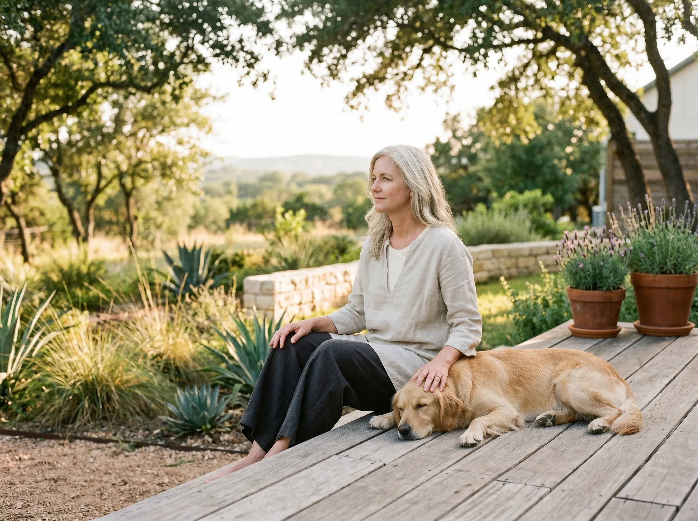 A woman with silver-blonde hair seated on a wide cedar plank deck, one hand resting on a calm sleeping golden-coat retriever beside her, gazing across a sunlit Hill Country yard in warm late-afternoon light.