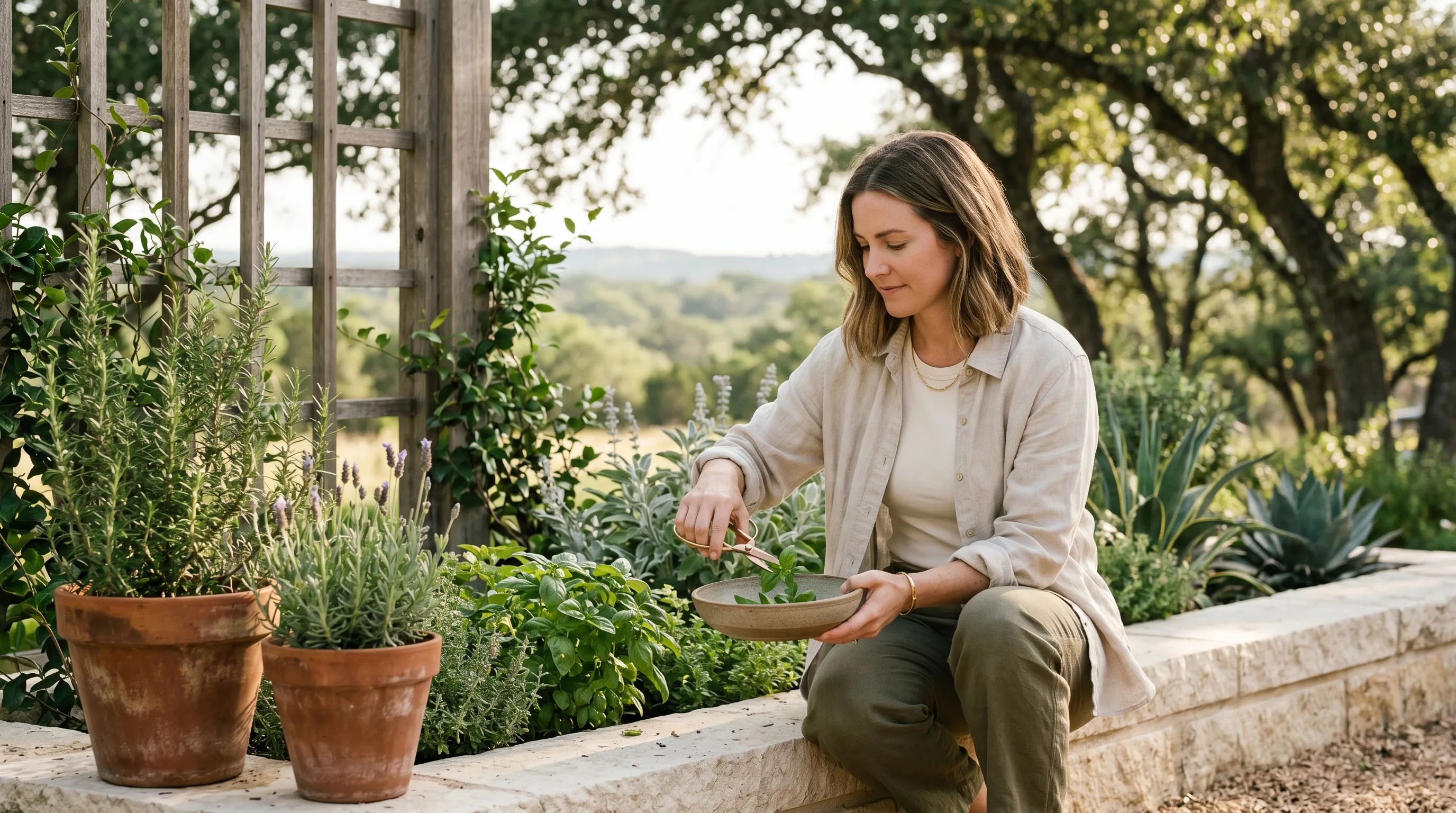 A Stepwell guest crouched at a raised limestone garden bed in a sunlit Hill Country backyard, gently snipping fresh basil sprigs into a shallow stoneware bowl, terracotta-potted herbs and live-oak canopy framing soft golden-morning light.