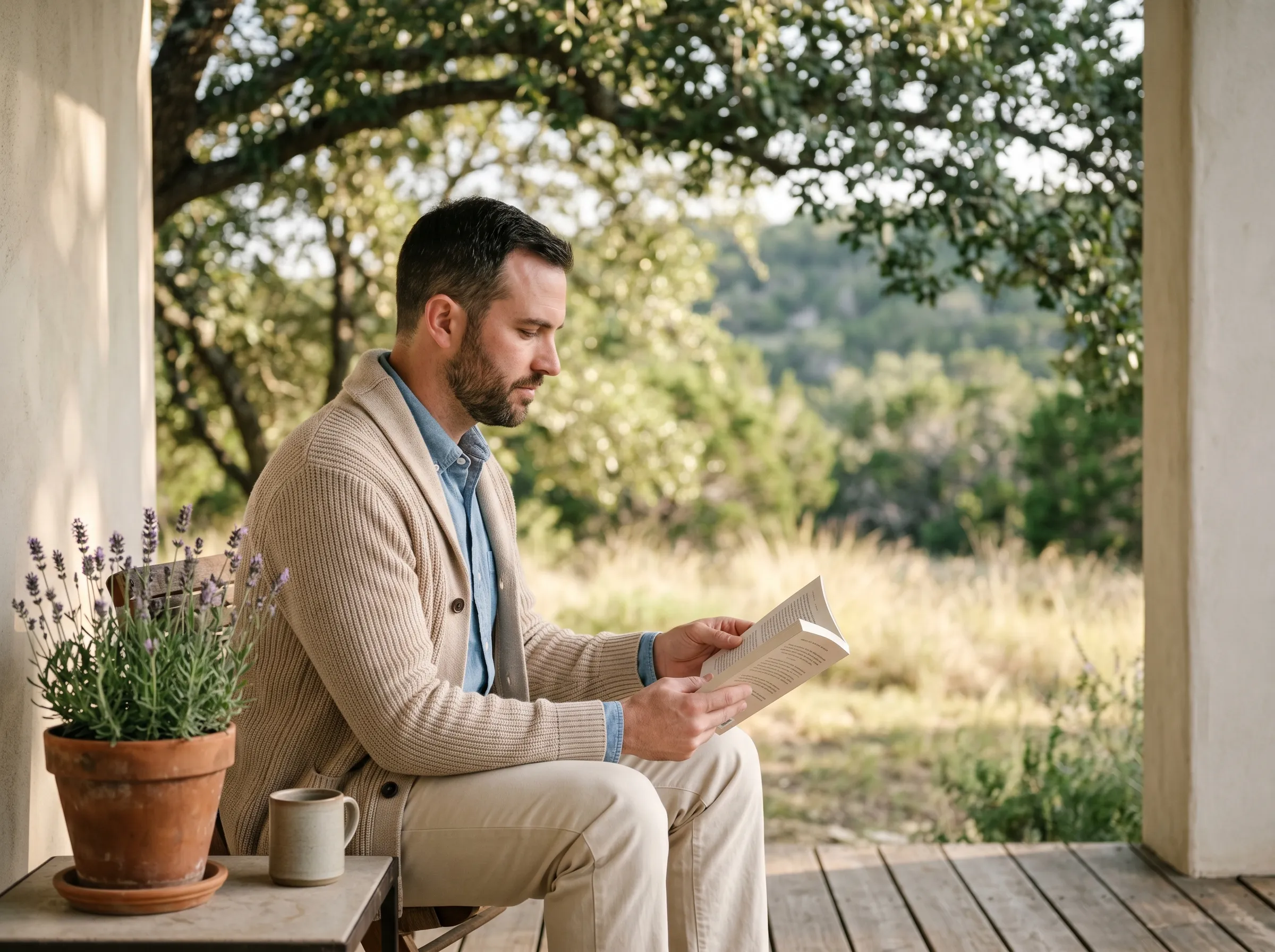 A white man with a short beard reading a softcover book on a covered Hill Country porch beside a terracotta pot of lavender in warm late-afternoon light.