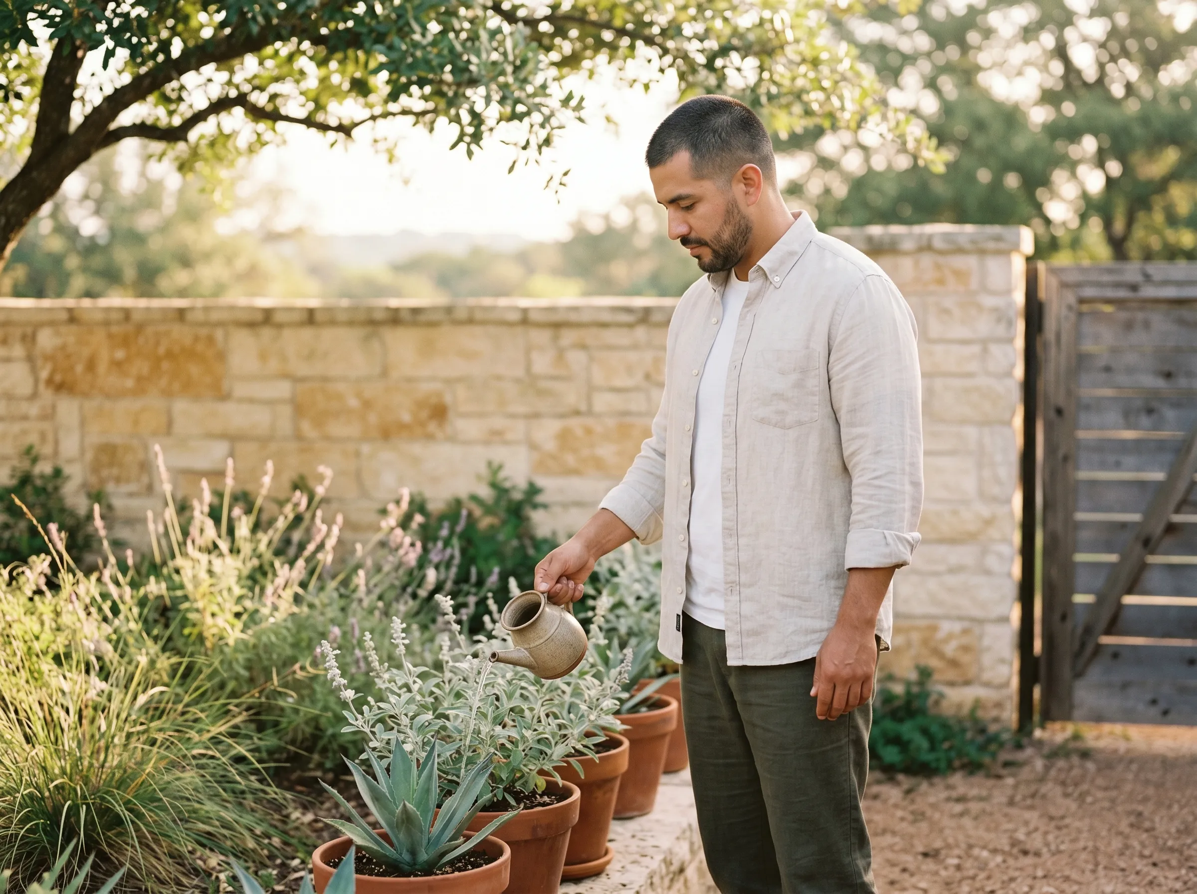 A Hispanic man with a close-trimmed beard watering native silver salvia and young agave in terracotta pots beside a limestone garden wall in soft early-morning Hill Country light.