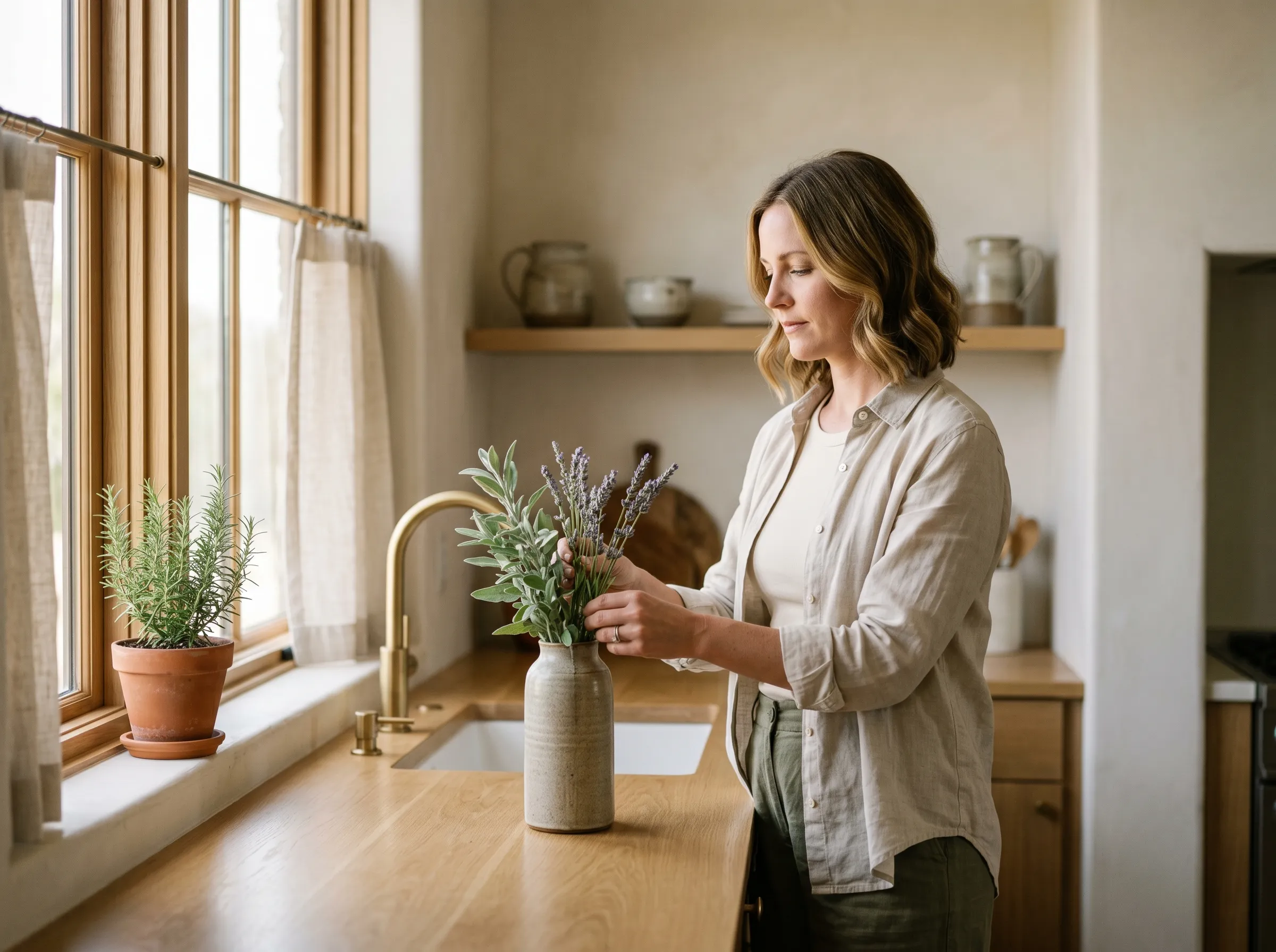 A white woman in oat linen arranging fresh-cut sage and lavender stems into a stoneware vase at a sun-warmed white-oak kitchen counter in soft morning light.