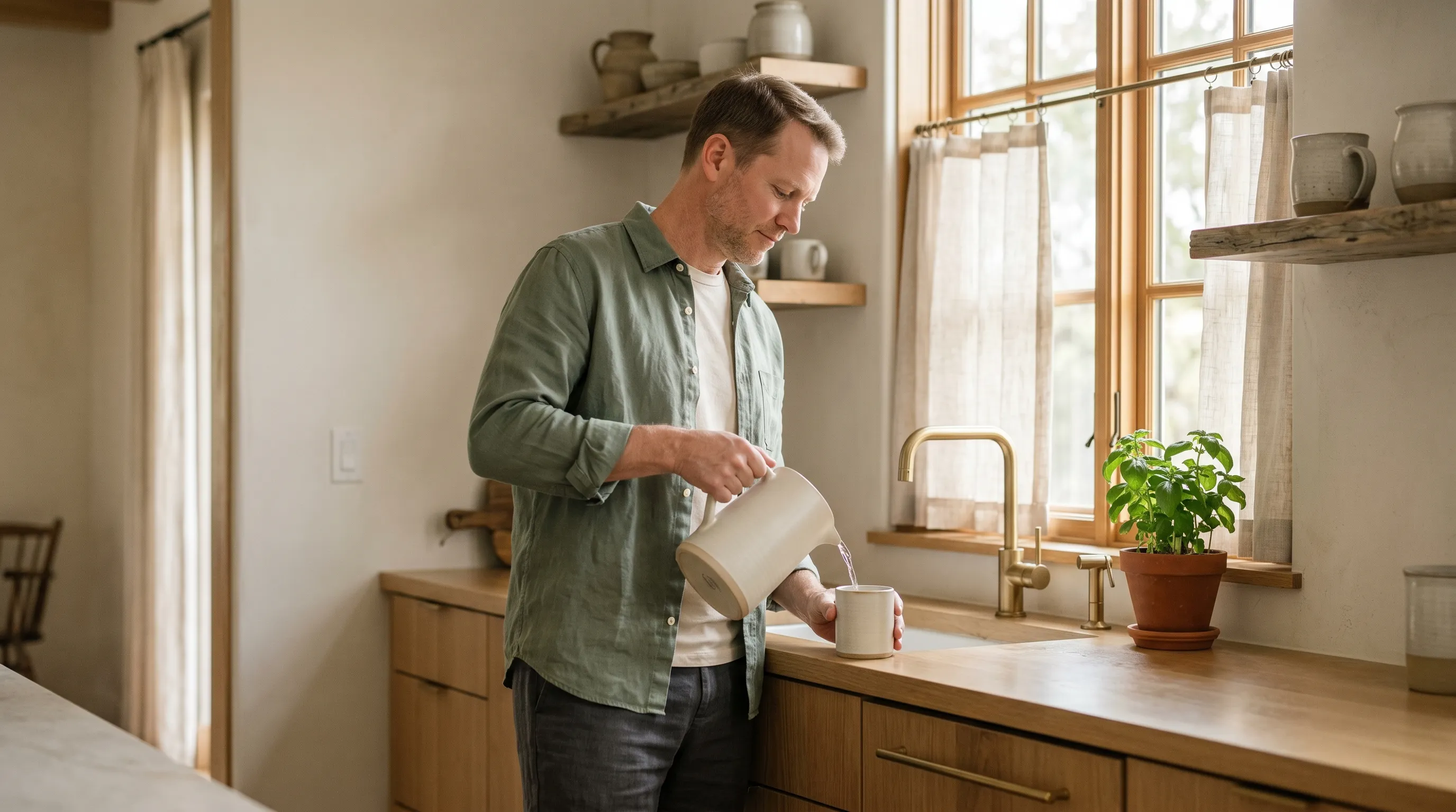 A Stepwell guest in a sage linen overshirt pouring water from a stoneware pitcher into a mug at a sun-warmed white-oak kitchen counter, beside a terracotta-potted basil on a tall paned window, in calm late-morning Hill Country light.