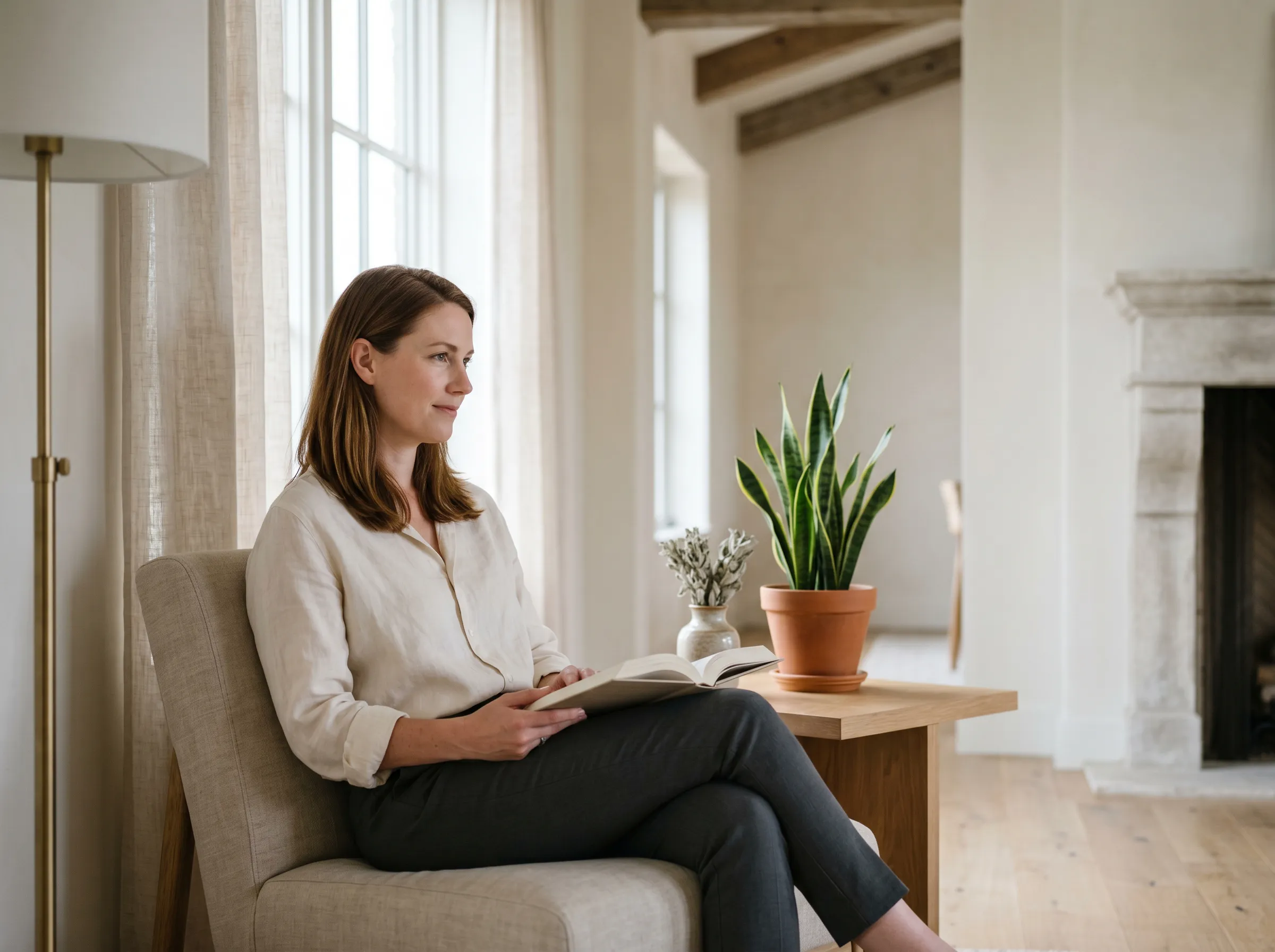A woman reading quietly by a tall window in a sunlit Texas Hill Country home.