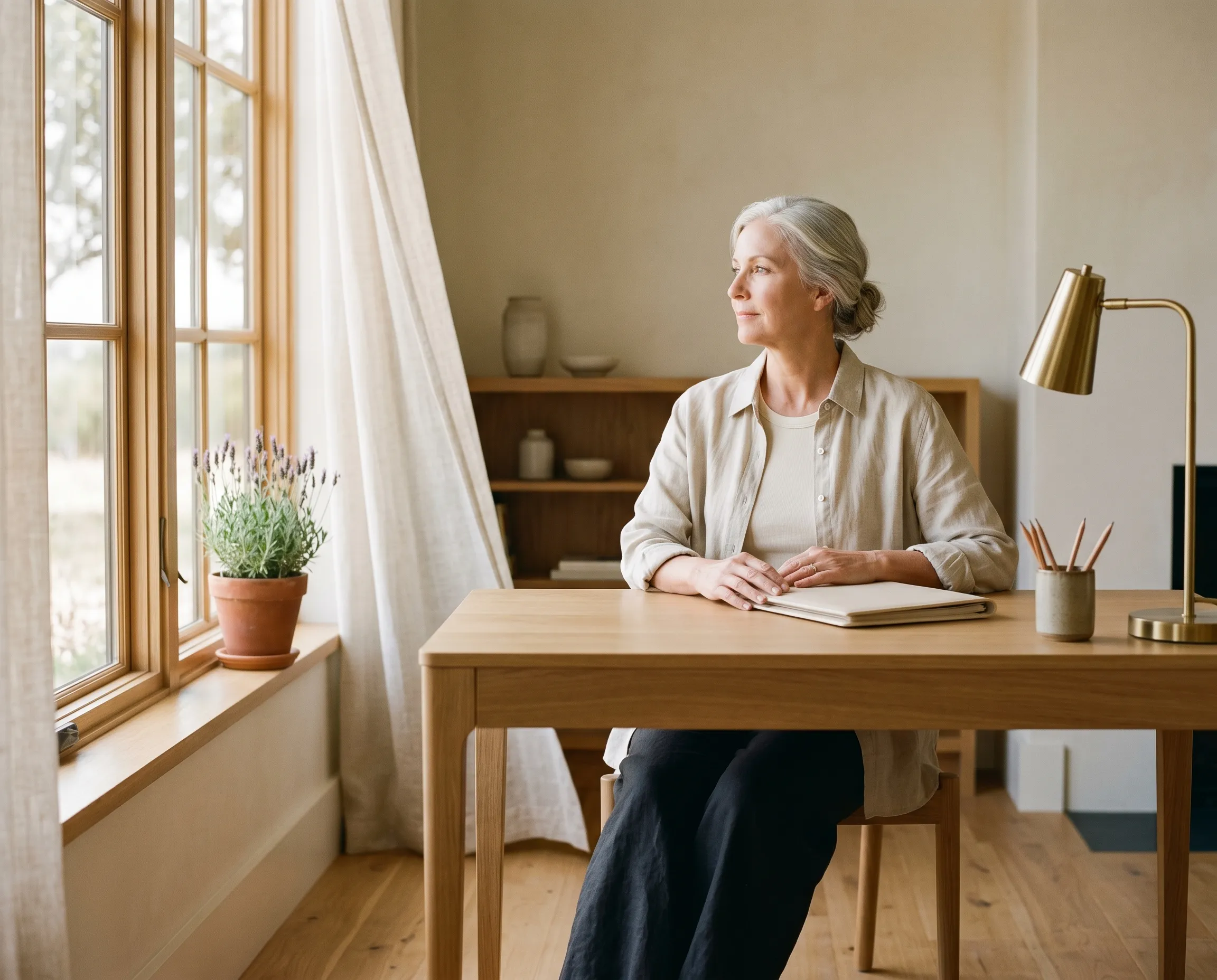 White woman in her late fifties with silver hair in a soft low loose bun, seated three-quarter profile at a sun-warmed white-oak writing desk in a quiet modern Hill Country home study, hands resting calmly on a closed cream leather portfolio on the desk, calm grounded gaze turned softly through a tall paned wood-mullion window on her left in warm late-morning Hill Country light.