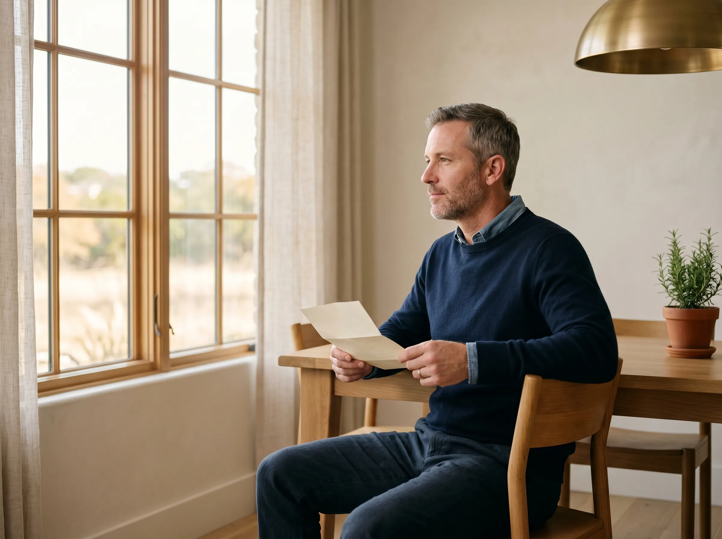 White man in his late forties seated at a sun-warmed white-oak dining table in a modern Hill Country home, holding a single folded cream paper loosely in both hands at chest height, gaze through the paned window to his left in soft mid-morning light.