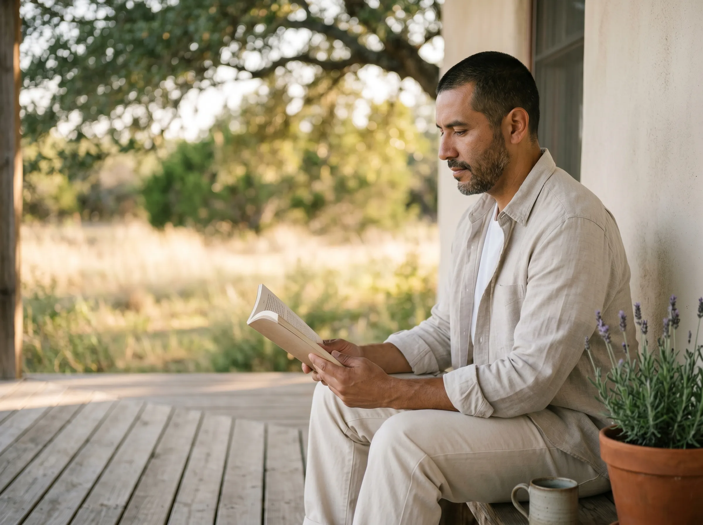 Hispanic Latino man in his mid-forties seated in three-quarter profile on a covered Hill Country porch in warm late golden afternoon, holding a softcover paperback open in both hands, a stoneware mug and a terracotta pot of lavender beside him on the weathered cedar plank floor.