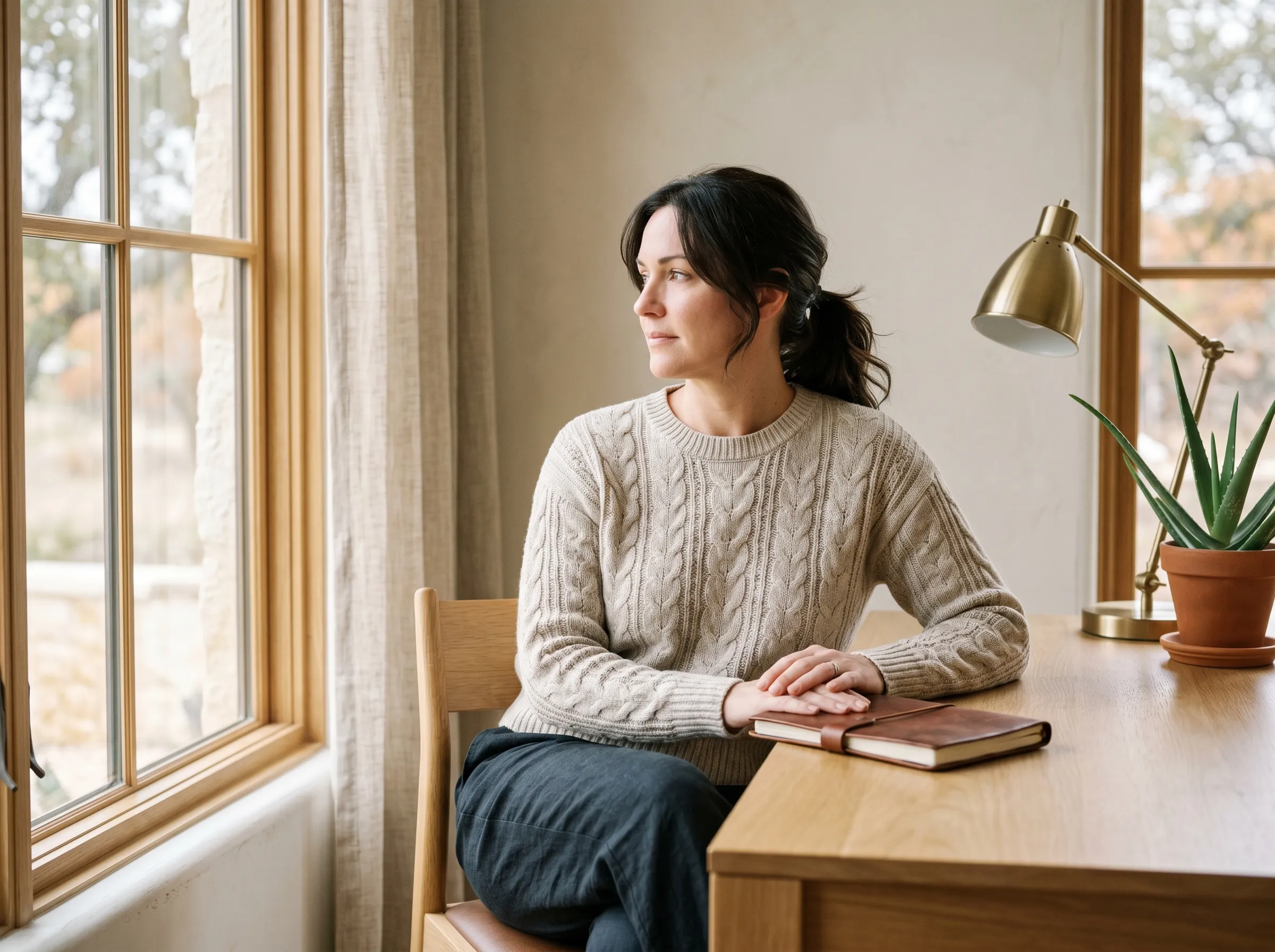 White woman in her early forties at a sun-warmed white-oak desk in a calm modern Hill Country home interior, hands resting on a closed leather-bound notebook, gaze turned softly through a tall paned window in late-morning Hill Country light.