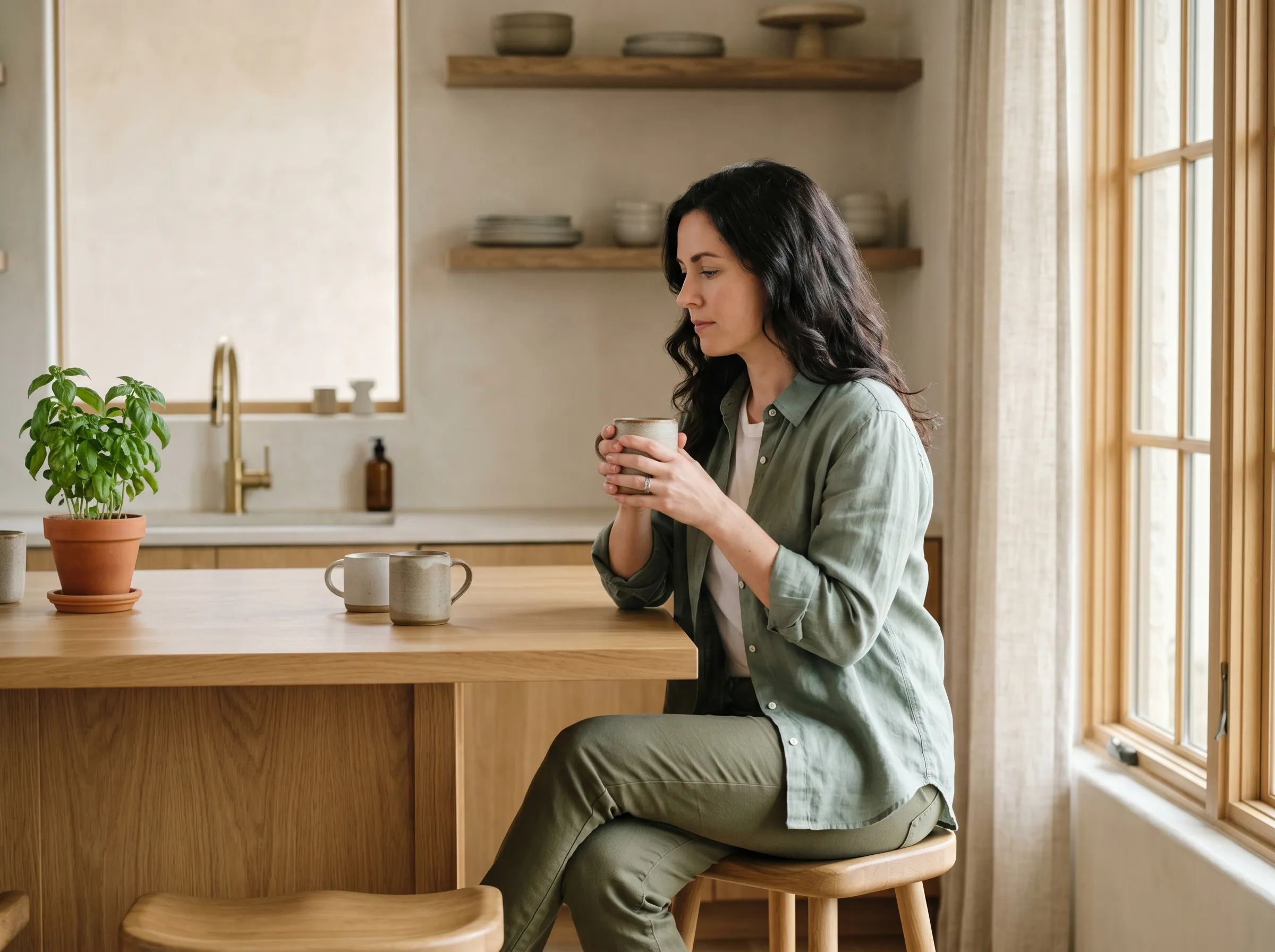 White woman in her late thirties seated at a warm white-oak kitchen island in a modern Hill Country kitchen, both hands wrapped around a stoneware mug at chest height, calm focused reflection in soft mid-morning light.