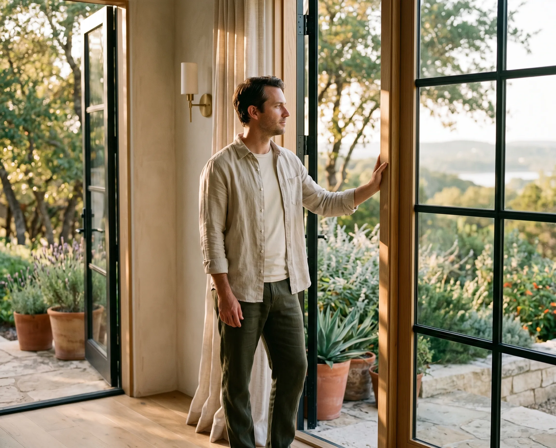 A white man in his late thirties standing at the open paned-glass back door of a modern Hill Country home, one hand resting on the warm white-oak door frame, calm grounded gaze turned outward toward a soft-lit native garden of terracotta-potted lavender and silver salvia under warm late-afternoon Hill Country light.