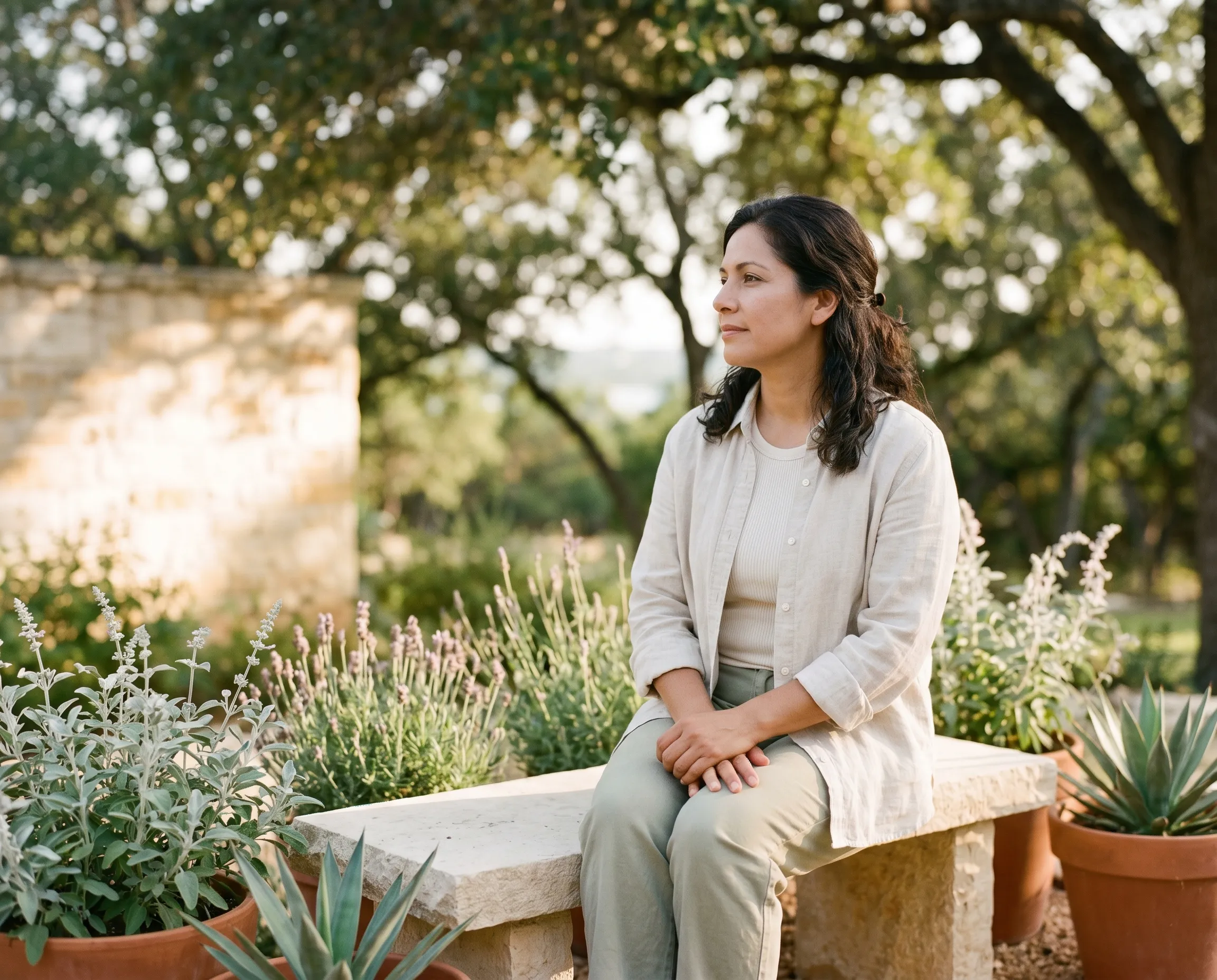 A Hispanic Latino woman in her mid-forties seated in three-quarter profile on a sun-warmed limestone bench in a modern Hill Country native garden, hands folded loosely in her lap, gaze into the middle-distance live-oak canopy in warm golden-hour Texas light.
