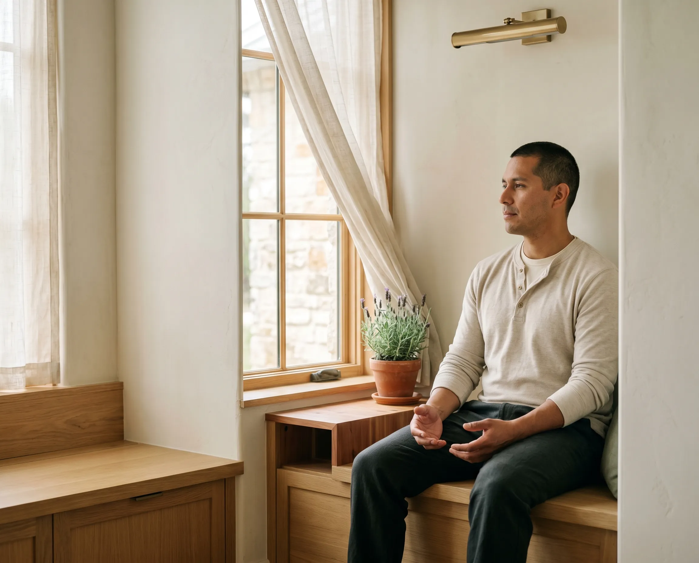 A Hispanic Latino man in his late thirties seated mid-body three-quarter profile on a sun-warmed white-oak built-in window bench in a quiet reading nook of a modern Hill Country home, hands resting open in his lap, calm grounded gaze turned softly through a tall paned wood-mullion window in late-morning interior light.