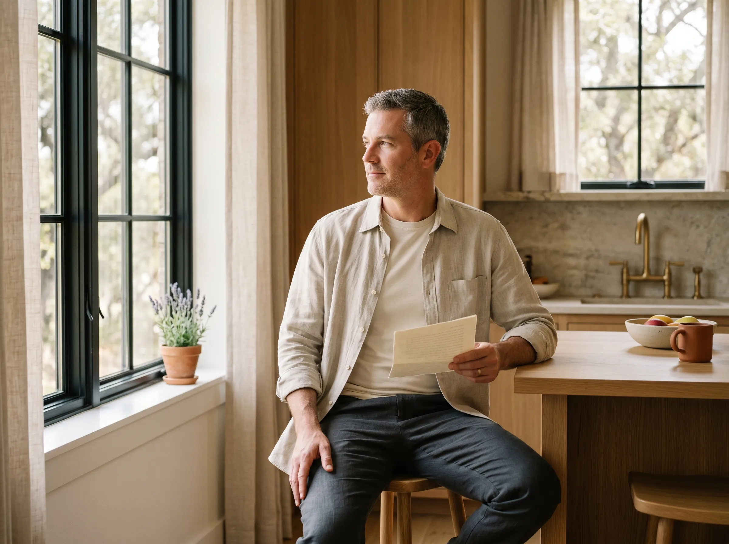 A white man in his late forties with short salt-and-pepper hair, oat-linen overshirt over a fitted cream tee, seated on a warm white-oak stool at a sun-warmed white-oak kitchen island in a modern Hill Country home interior, holding a folded cream paper in one hand at chest height, calm grounded gaze turned softly through a tall paned wood-mullion window to his left in warm late-morning Hill Country light.