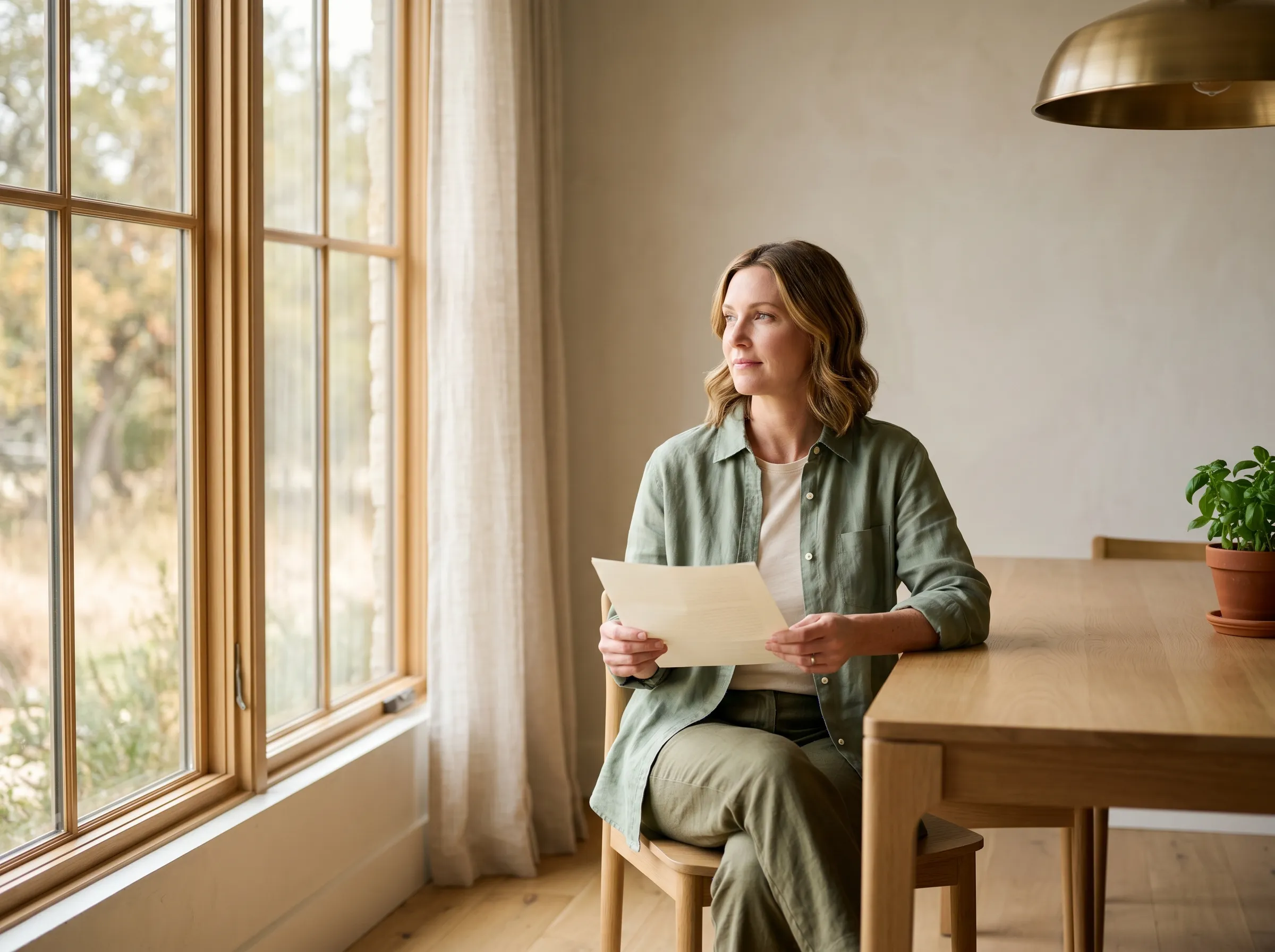 A Black woman in her mid-40s seated at a sunlit white-oak dining table in a Hill Country home interior, holding a single folded sheet of paper, looking softly through a paned window to her left.